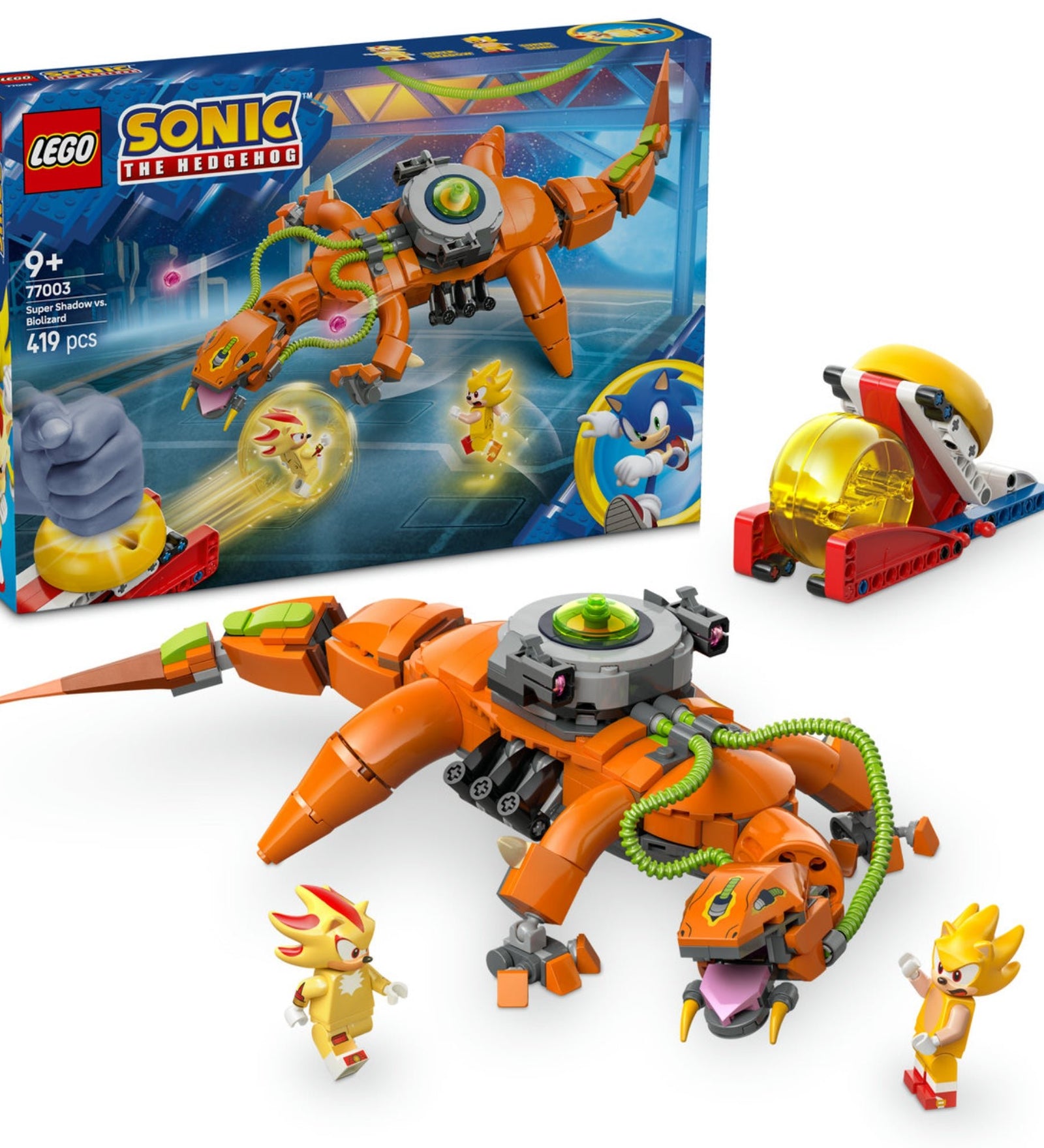 LEGO Sonic the Hedgehog: Super Shadow Biolizard ellen (77003) – a doboz és a készlet tartalma összeállítva.