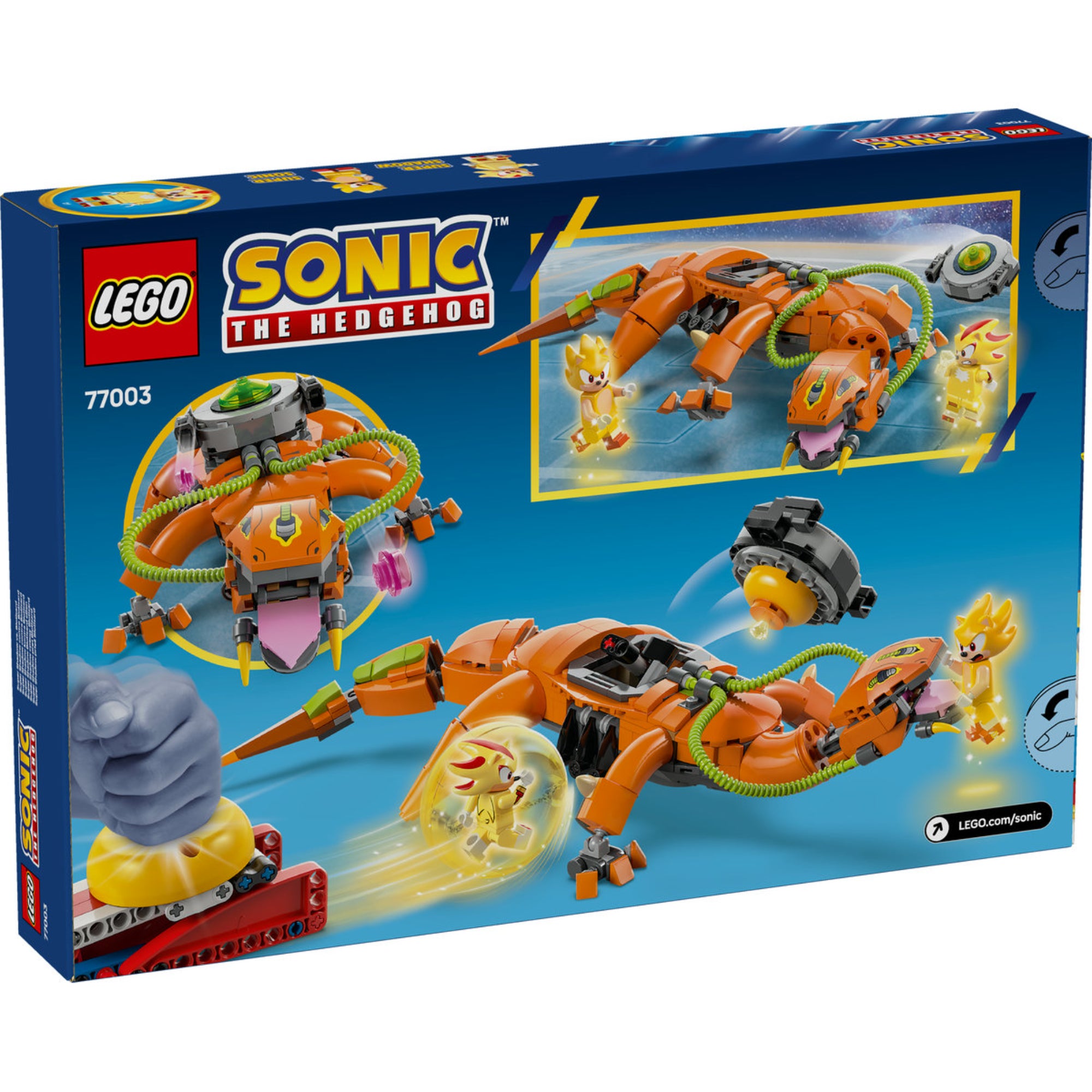 LEGO Sonic the Hedgehog: Super Shadow Biolizard ellen (77003) – a doboz hátoldala játék közbeni jelenetekkel és funkciókkal.