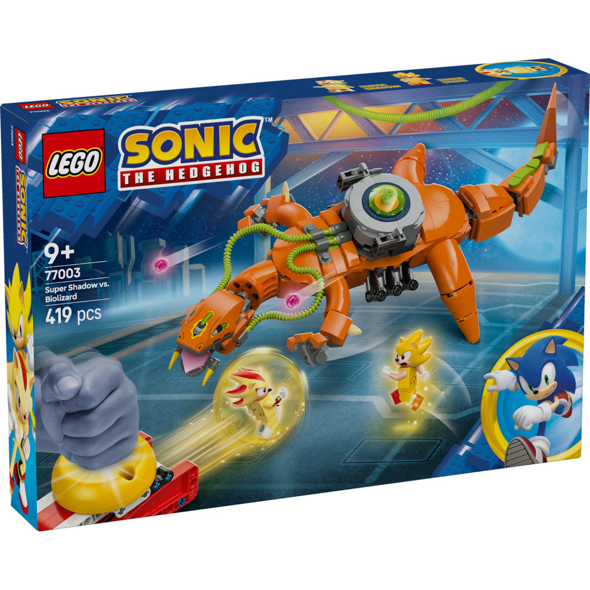 LEGO Sonic the Hedgehog: Super Shadow Biolizard ellen (77003) – a termék doboza elölnézetből, dinamikus illusztrációval.