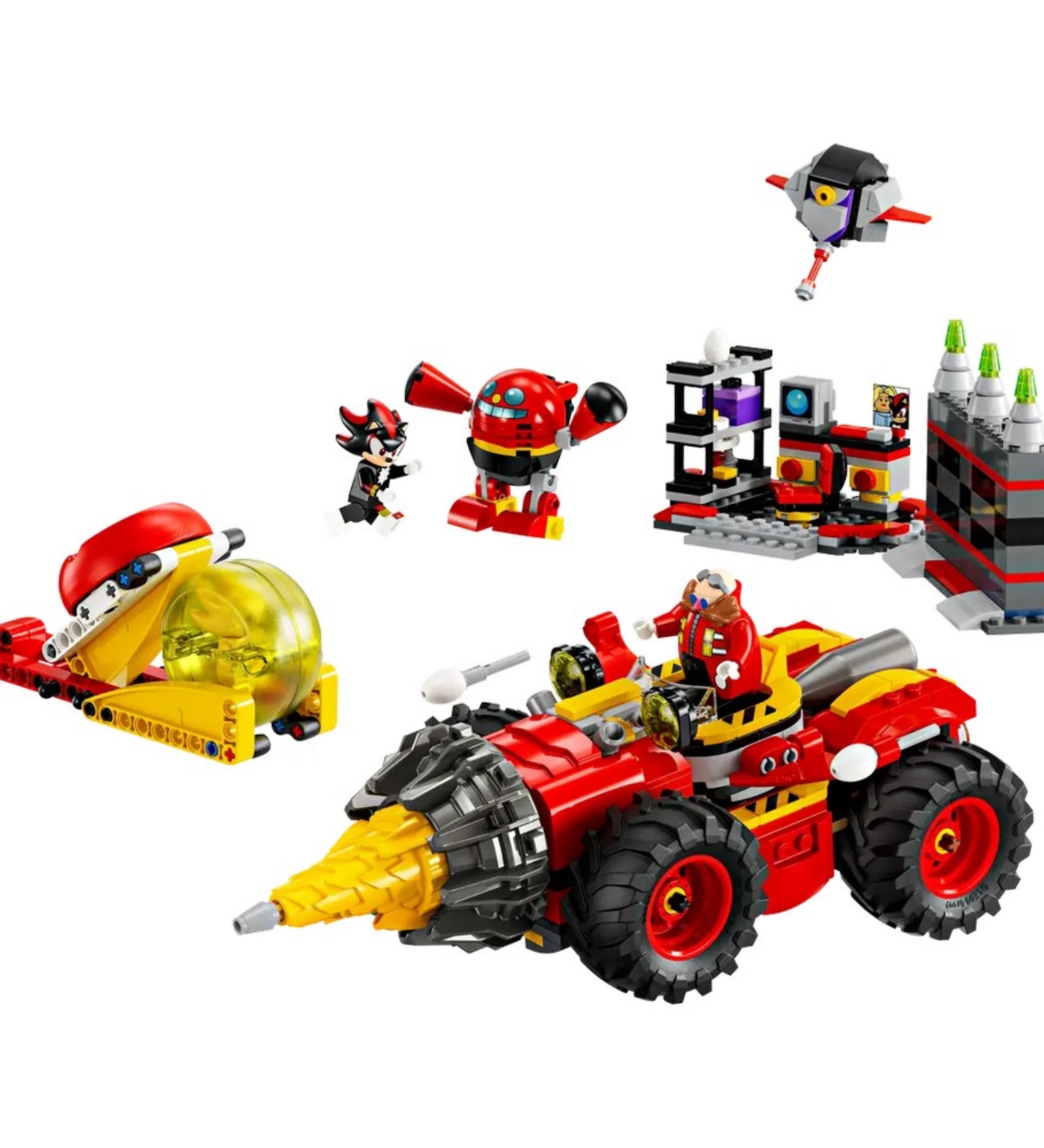 A LEGO Super Sonic vs. Egg Drillster szett minden eleme összerakva: fúrójármű, indítórámpa, ellenfelek és játékelemek egy izgalmas jelenetben elrendezve.