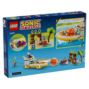 A LEGO 76997 doboz hátoldala több jelenettel: Sonic és Tails a hajóval, robot üldözés, partszakasz gyűrűkkel, interaktív elemek bemutatása.