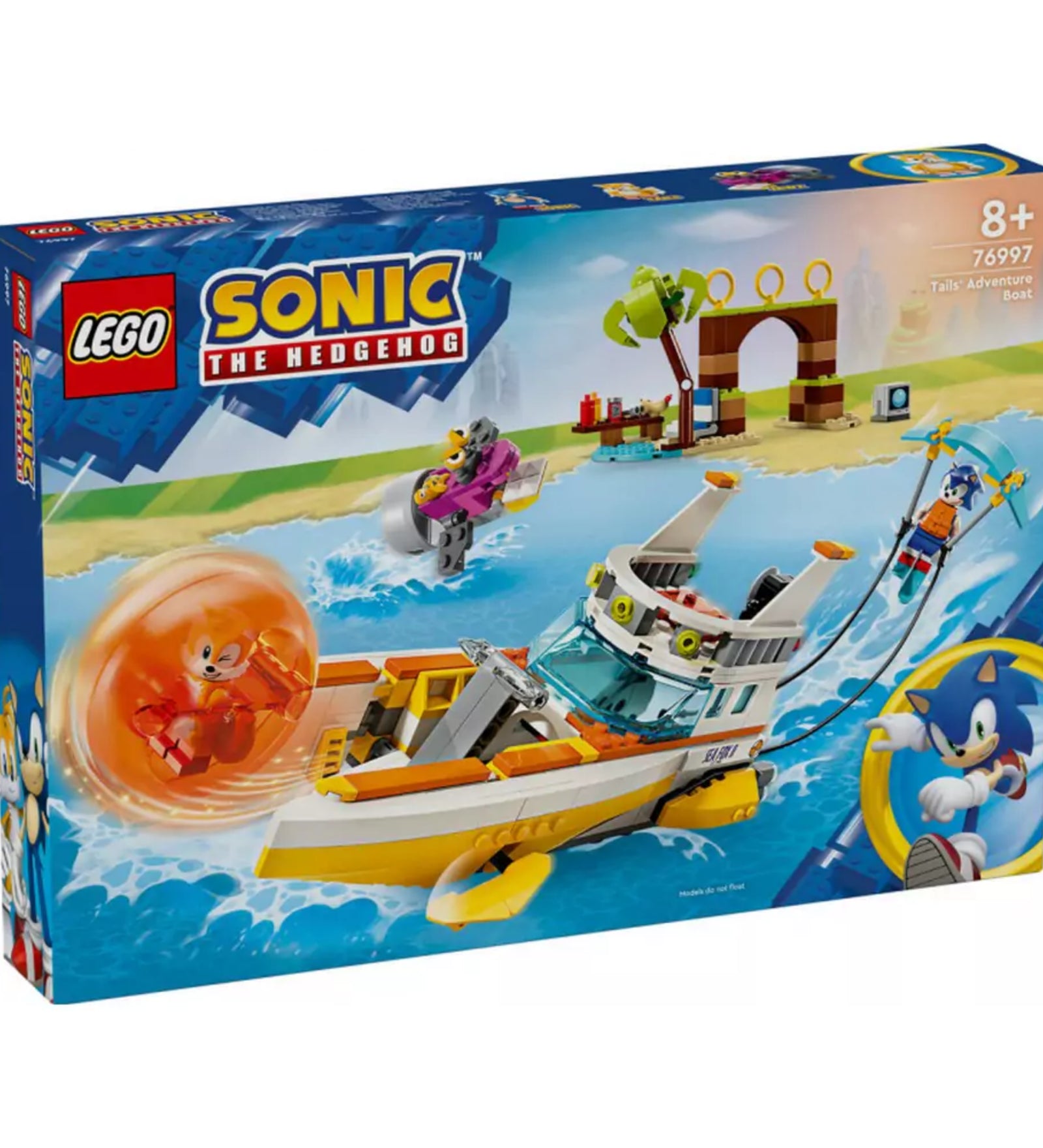 A LEGO Sonic 76997 készlet doboza: színes vízi jelenet Tails hajójával, Sonic vízisíeléssel, gyűrűkkel díszített kapu és egy robot ellenfél.