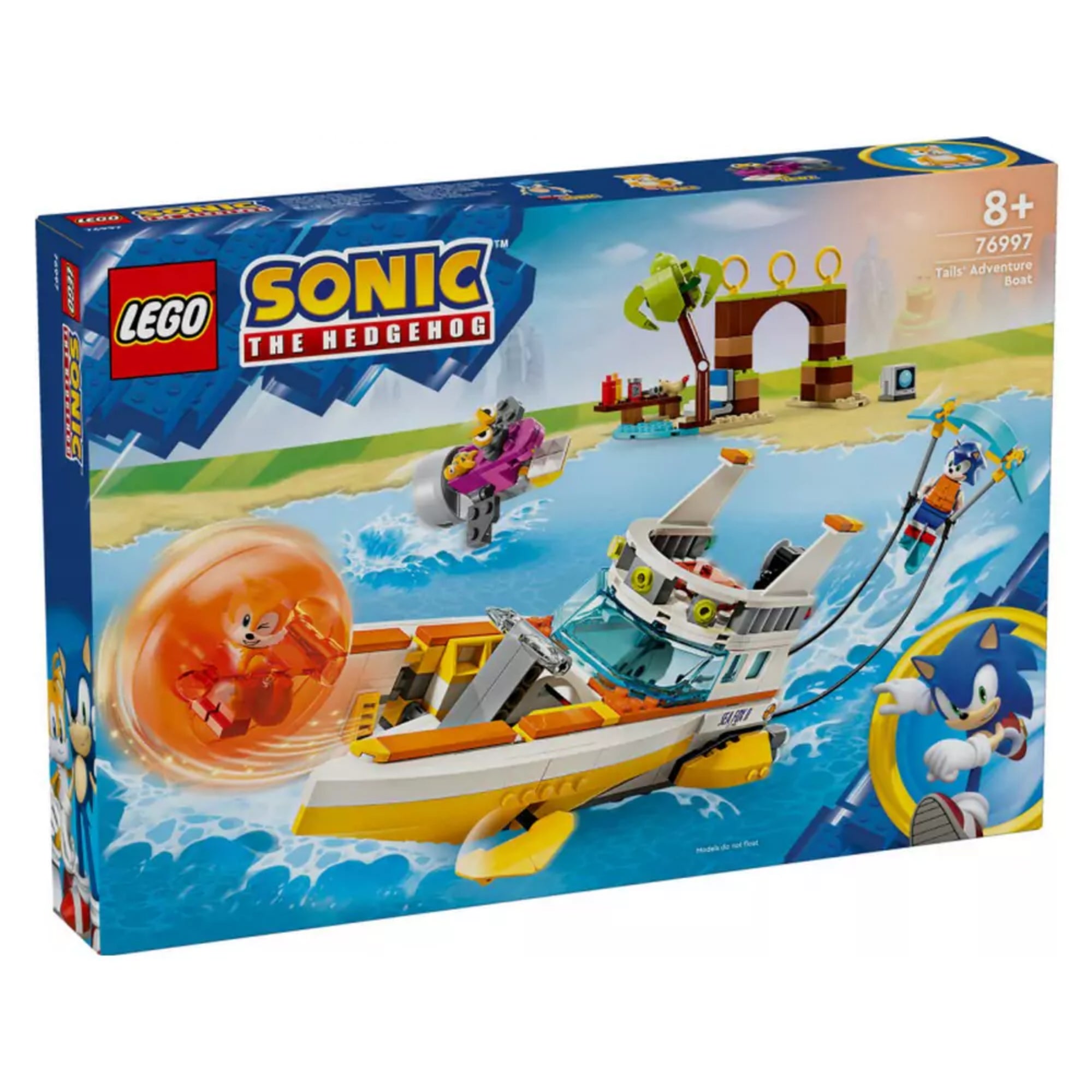 A LEGO Sonic 76997 készlet doboza: színes vízi jelenet Tails hajójával, Sonic vízisíeléssel, gyűrűkkel díszített kapu és egy robot ellenfél.
