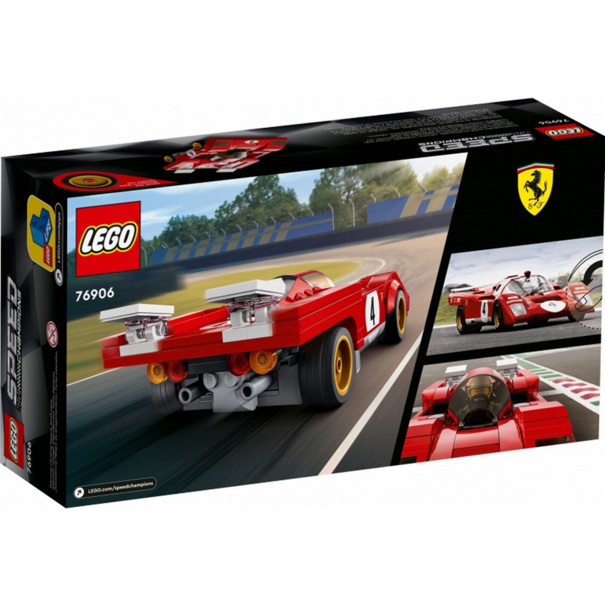 A LEGO 76906 szett dobozának hátoldala, amely dinamikus versenypályás jelenetet mutat, valamint két kisebb képen az autó valós és LEGO változata is megjelenik.