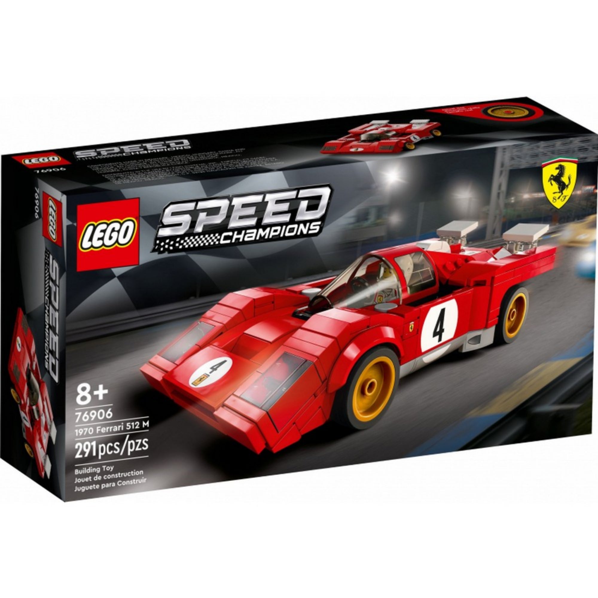 A LEGO 76906 szett dobozának előlapja, amelyen a Ferrari 512 M versenyautó egy éjszakai versenypályán száguld, jól látható a LEGO Speed Champions logó és a Ferrari embléma is.