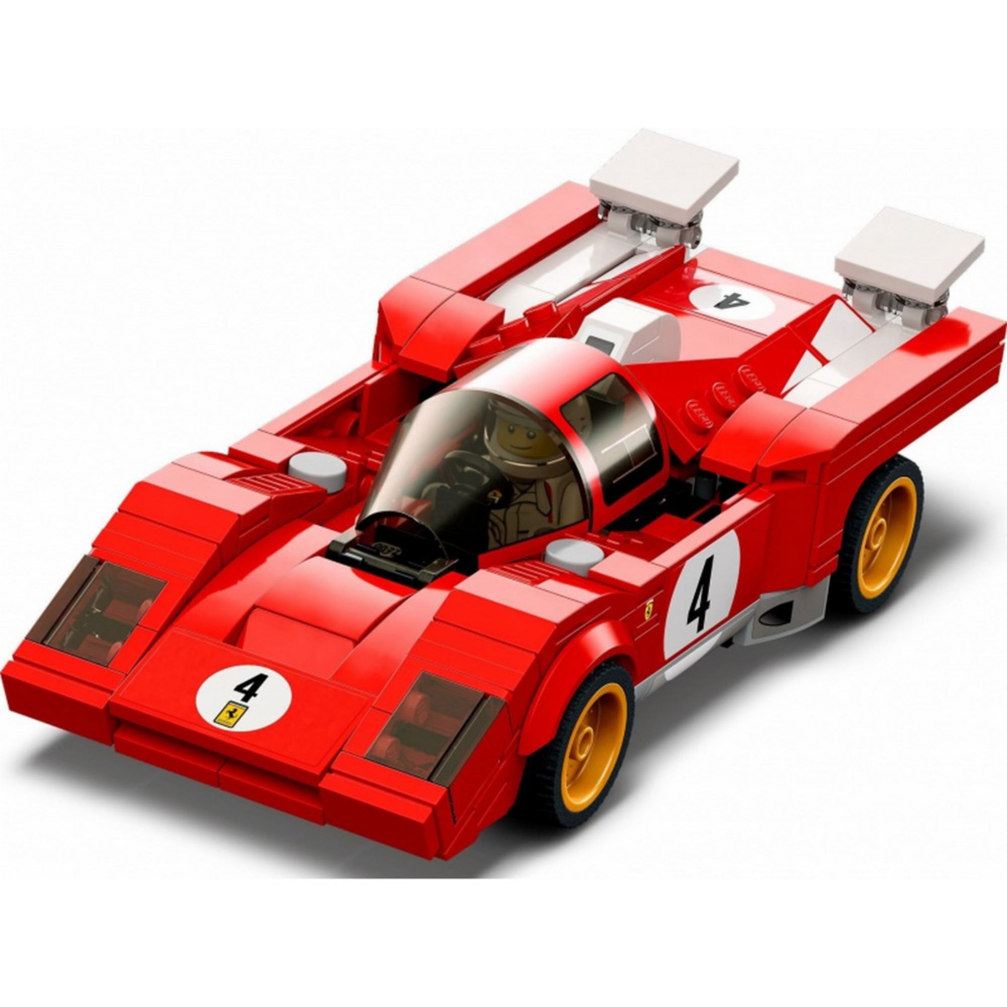 A LEGO 76906 készlethez tartozó 1970-es Ferrari 512 M versenyautó felülnézeti képe, amelyen jól látszik a jármű áramvonalas formája, a vezetőfülkében ülő minifigura, valamint a részletes kidolgozású hátsó szárnyak és sárga felnis kerekek.