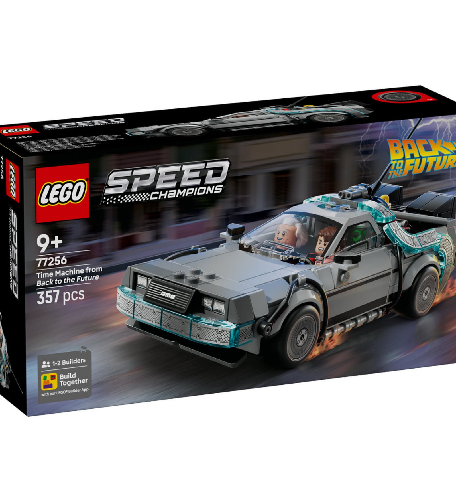LEGO Speed Champions Vissza a jövőbe időgép (77256) dobozkép, a legendás DeLorean időgép ábrázolásával.