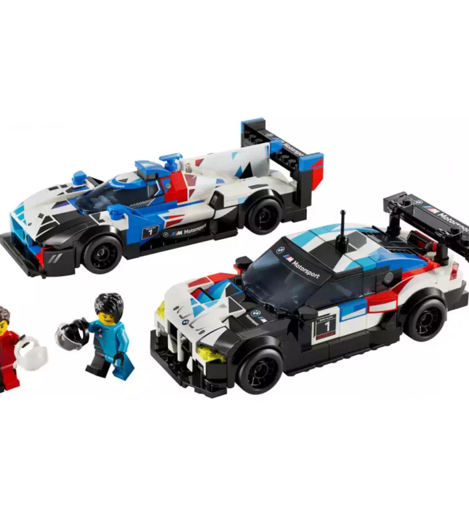 A LEGO Speed Champions 76922 készlet összeszerelt változata: két részletesen kidolgozott BMW versenyautó (M4 GT3 és M Hybrid V8) színes versenydíszítéssel, valamint két pilóta minifigura sisakkal és kiegészítőkkel.