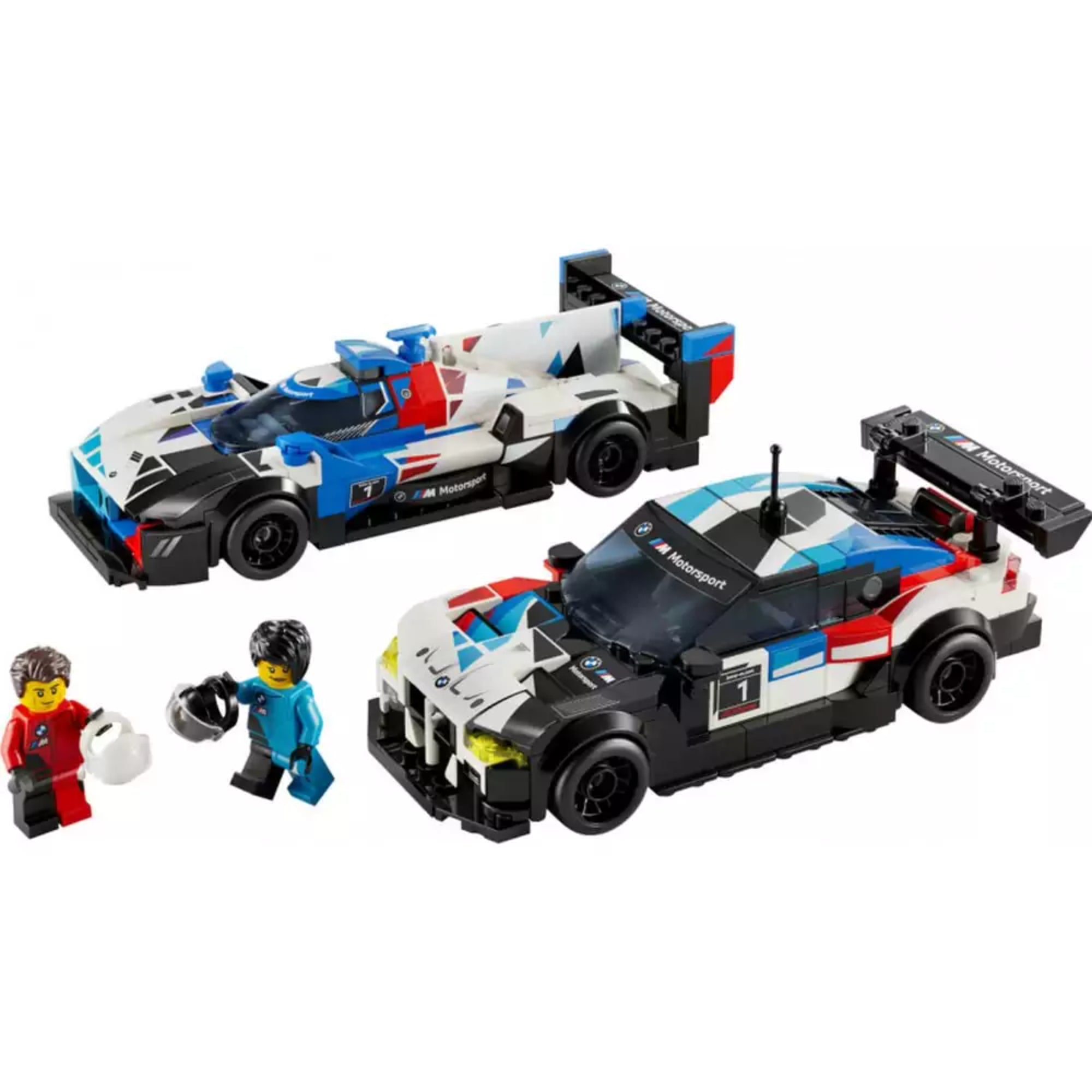 A LEGO Speed Champions 76922 készlet összeszerelt változata: két részletesen kidolgozott BMW versenyautó (M4 GT3 és M Hybrid V8) színes versenydíszítéssel, valamint két pilóta minifigura sisakkal és kiegészítőkkel.