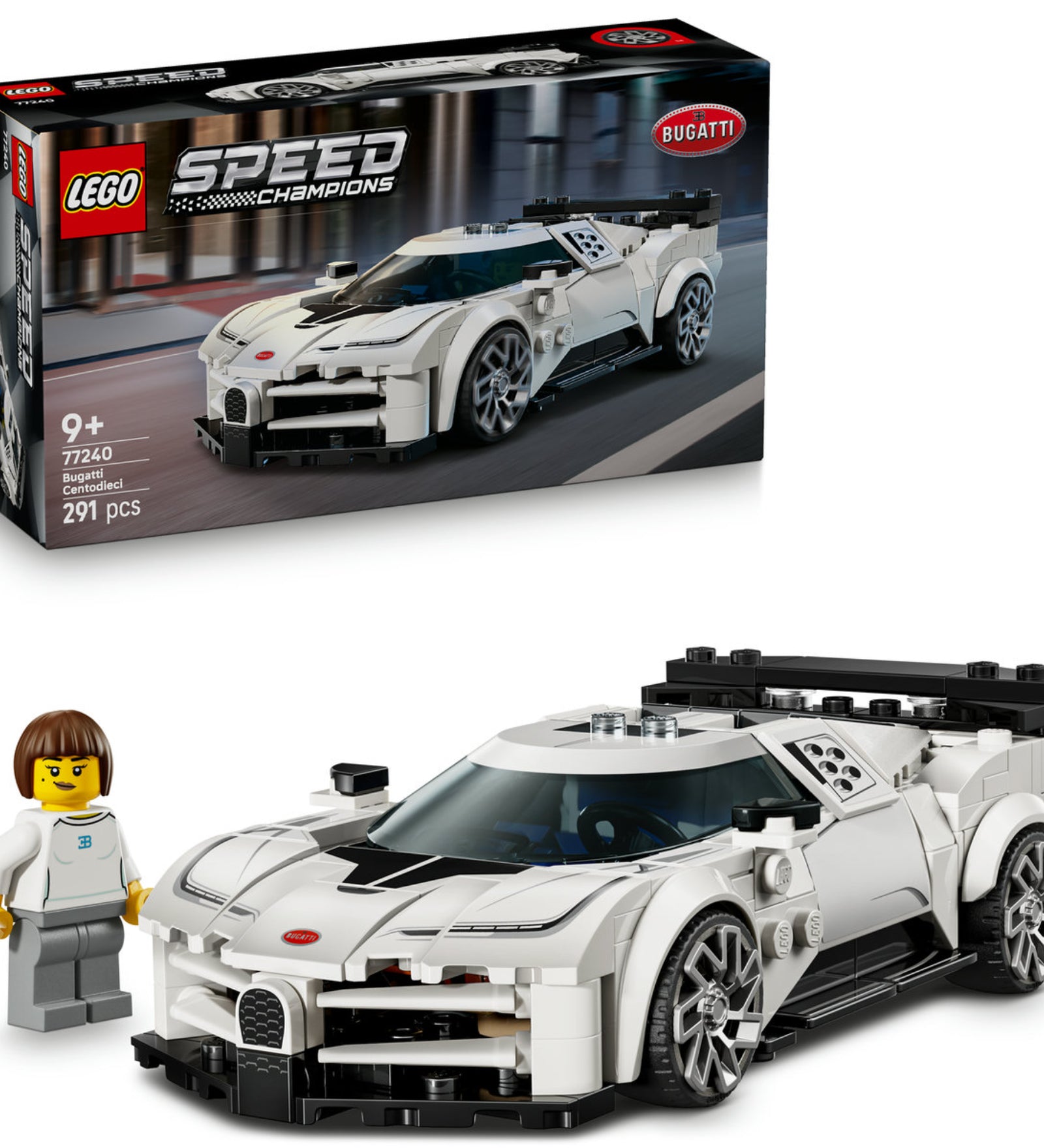 LEGO Speed Champions Bugatti Centodieci (77240) készlet és doboz – Az autómodell, a sofőr minifigura és a díszdoboz együtt látható.