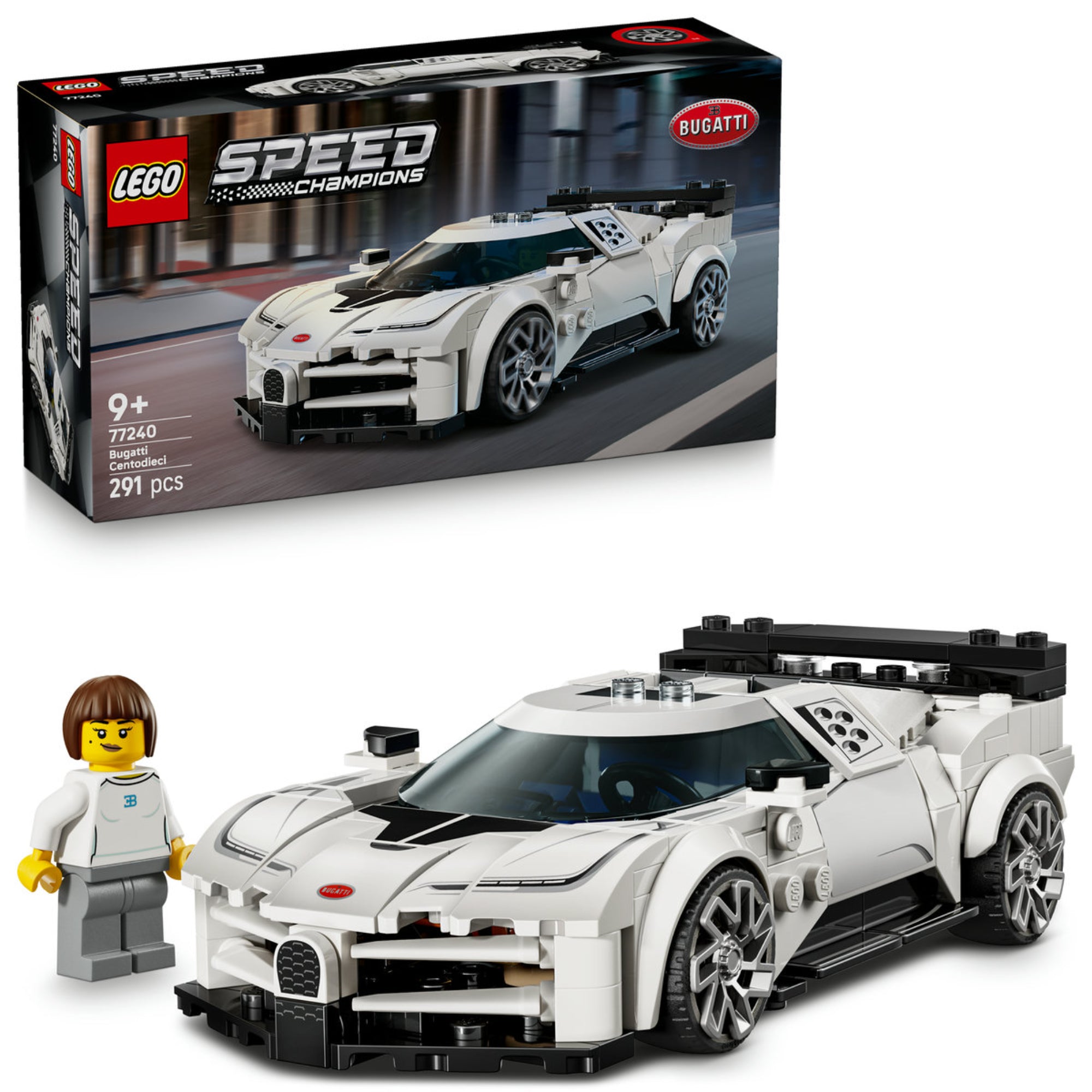 LEGO Speed Champions Bugatti Centodieci (77240) készlet és doboz – Az autómodell, a sofőr minifigura és a díszdoboz együtt látható.