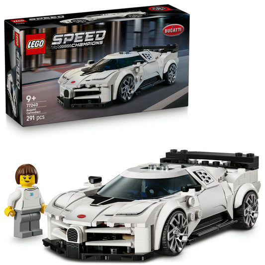 LEGO Speed Champions Bugatti Centodieci (77240) készlet és doboz – Az autómodell, a sofőr minifigura és a díszdoboz együtt látható.