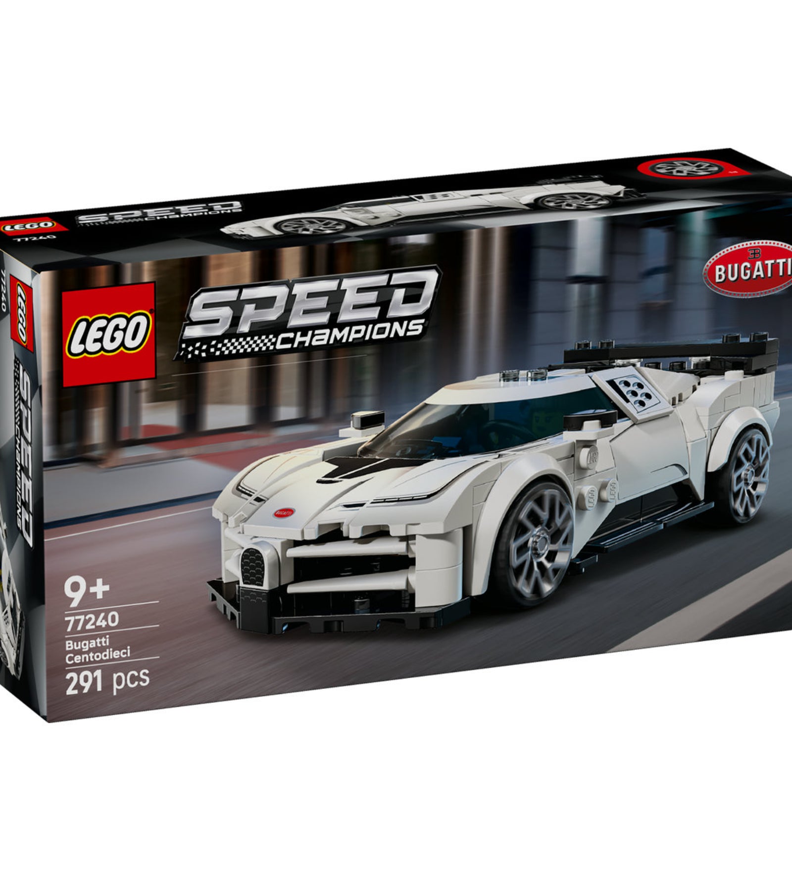 LEGO Speed Champions Bugatti Centodieci (77240) dobozkép előlnézet – A fehér szupersportautó dinamikus városi háttérrel.