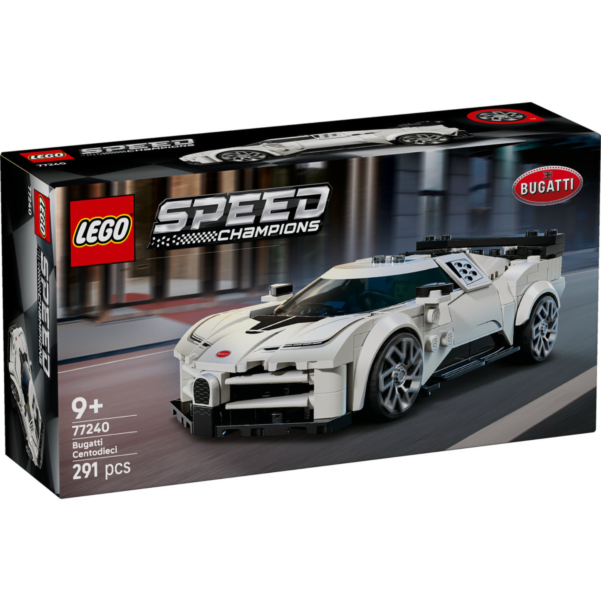 LEGO Speed Champions Bugatti Centodieci (77240) dobozkép előlnézet – A fehér szupersportautó dinamikus városi háttérrel.