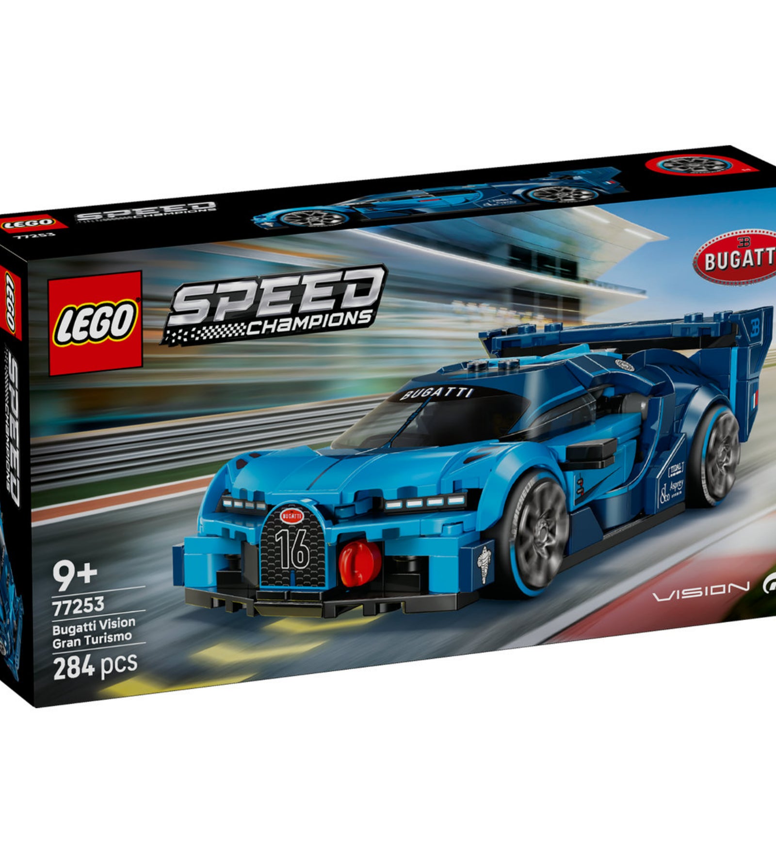 LEGO Speed Champions Bugatti Vision Gran Turismo (77253) dobozkép, kék Bugatti versenyautóval.