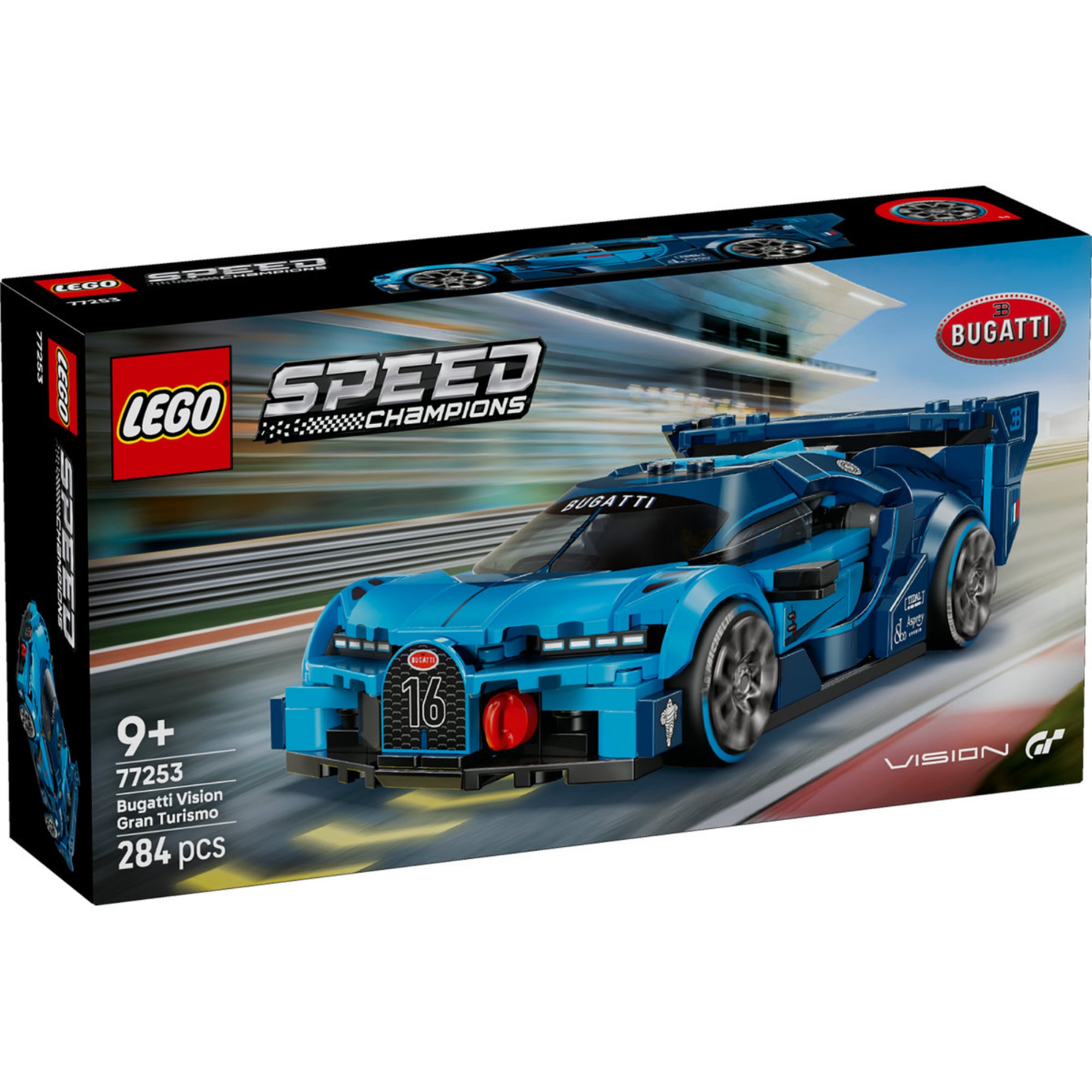 LEGO Speed Champions Bugatti Vision Gran Turismo (77253) dobozkép, kék Bugatti versenyautóval.