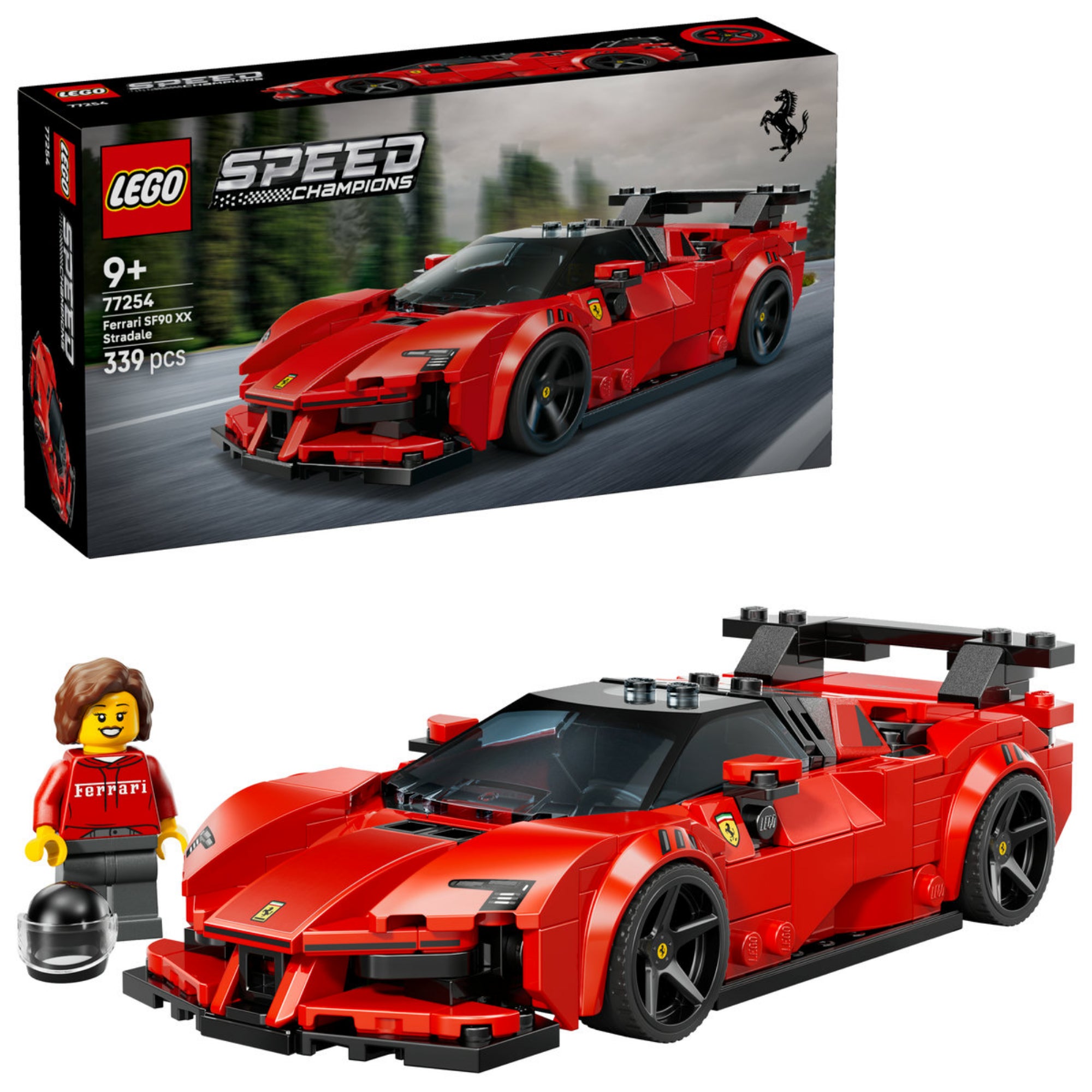 LEGO Speed Champions Ferrari SF90 XX Stradale megépített modell minifigurával és bukósisakkal.