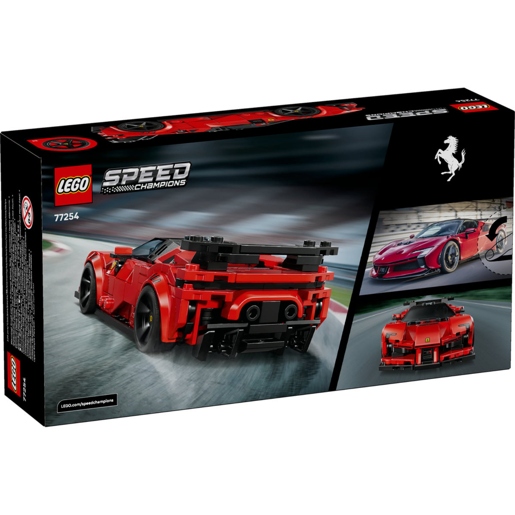LEGO Speed Champions Ferrari SF90 XX Stradale doboz hátoldala, a modell hátulnézetével és részleteivel.