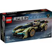 LEGO Speed Champions Lamborghini Lambo V12 Vision Gran Turismo (76923) készlet doboza, amelyen a futurisztikus, olívazöld versenyautó látható lendületes versenypályás háttér előtt, sárga és világoskék részletekkel kiemelve a jármű formáját.