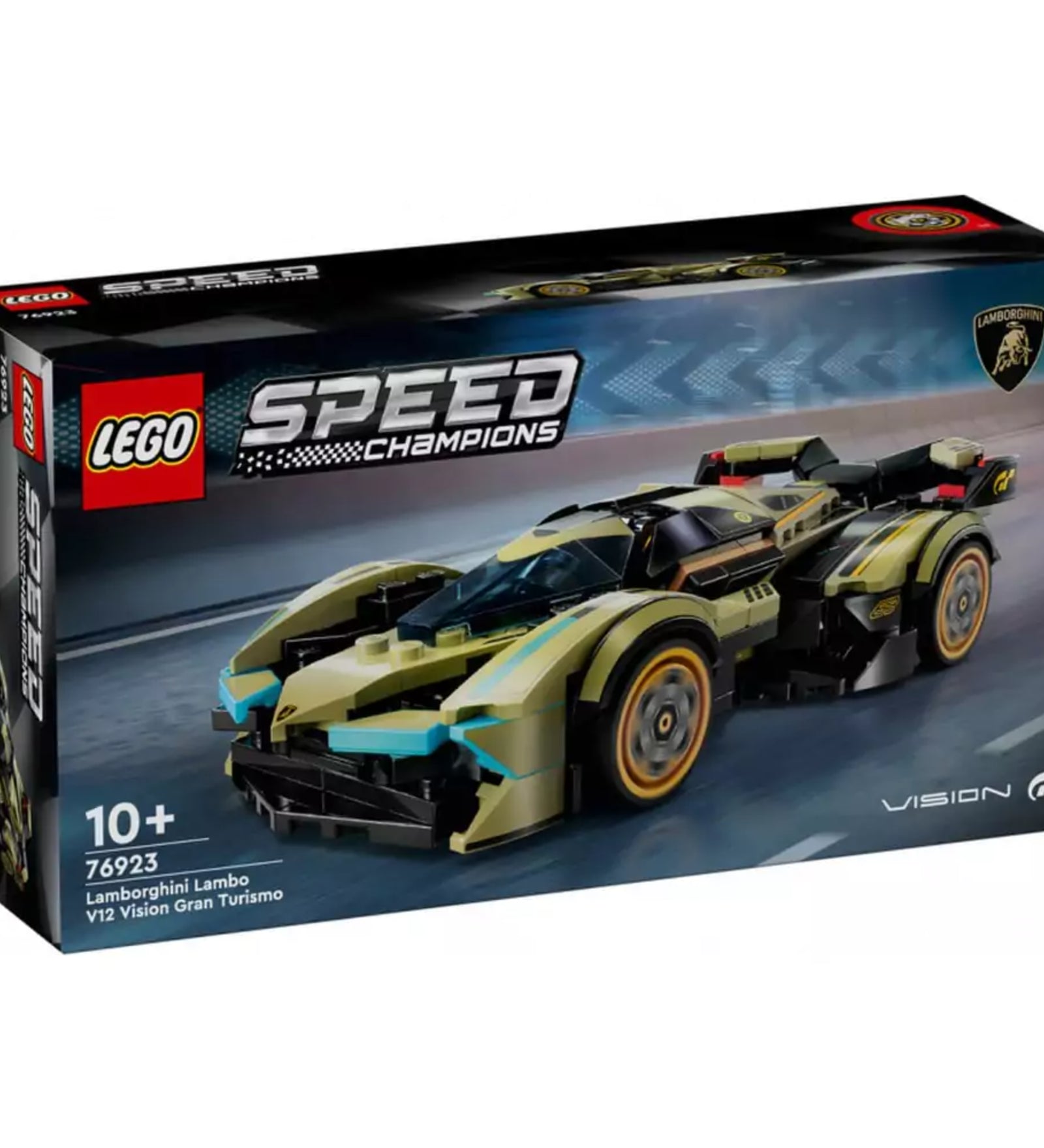 LEGO Speed Champions Lamborghini Lambo V12 Vision Gran Turismo (76923) készlet doboza, amelyen a futurisztikus, olívazöld versenyautó látható lendületes versenypályás háttér előtt, sárga és világoskék részletekkel kiemelve a jármű formáját.