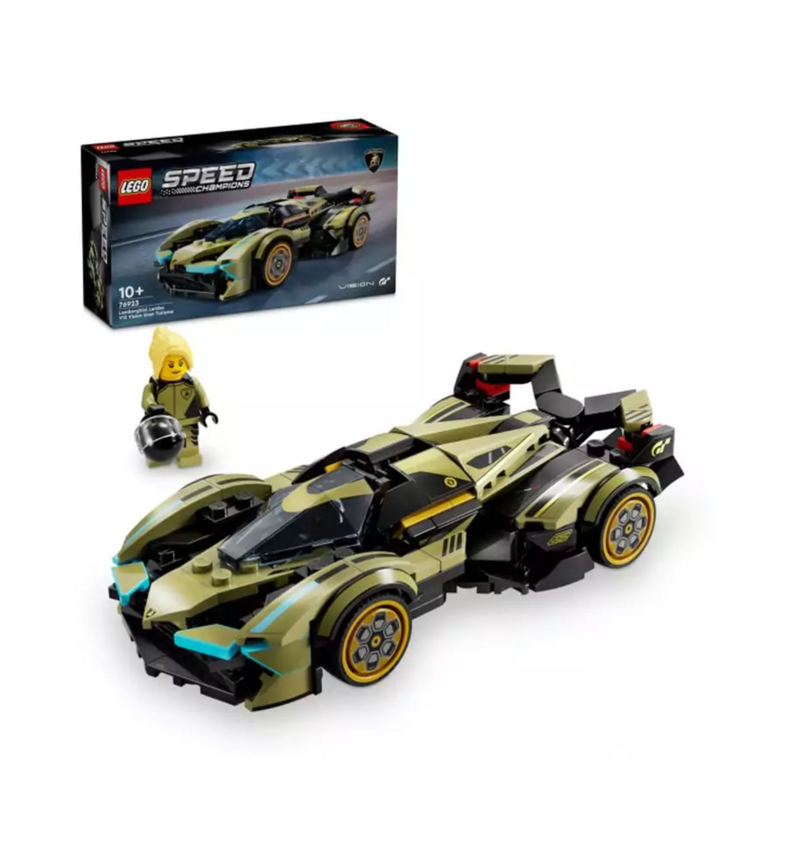 LEGO Speed Champions Lamborghini Lambo V12 Vision Gran Turismo (76923) készlet 230 darabból, összerakott olívazöld sportautó sárga keréktárcsákkal és világoskék fényszórókkal, egy női minifigurával és fekete bukósisakkal, háttérben a termék színes dobozával.
