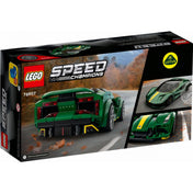 A LEGO 76907 szett dobozának hátoldala, amely a Lotus Evija LEGO és valódi változatát is bemutatja, valamint egy hátsó nézetű versenyjelenetet ábrázol.