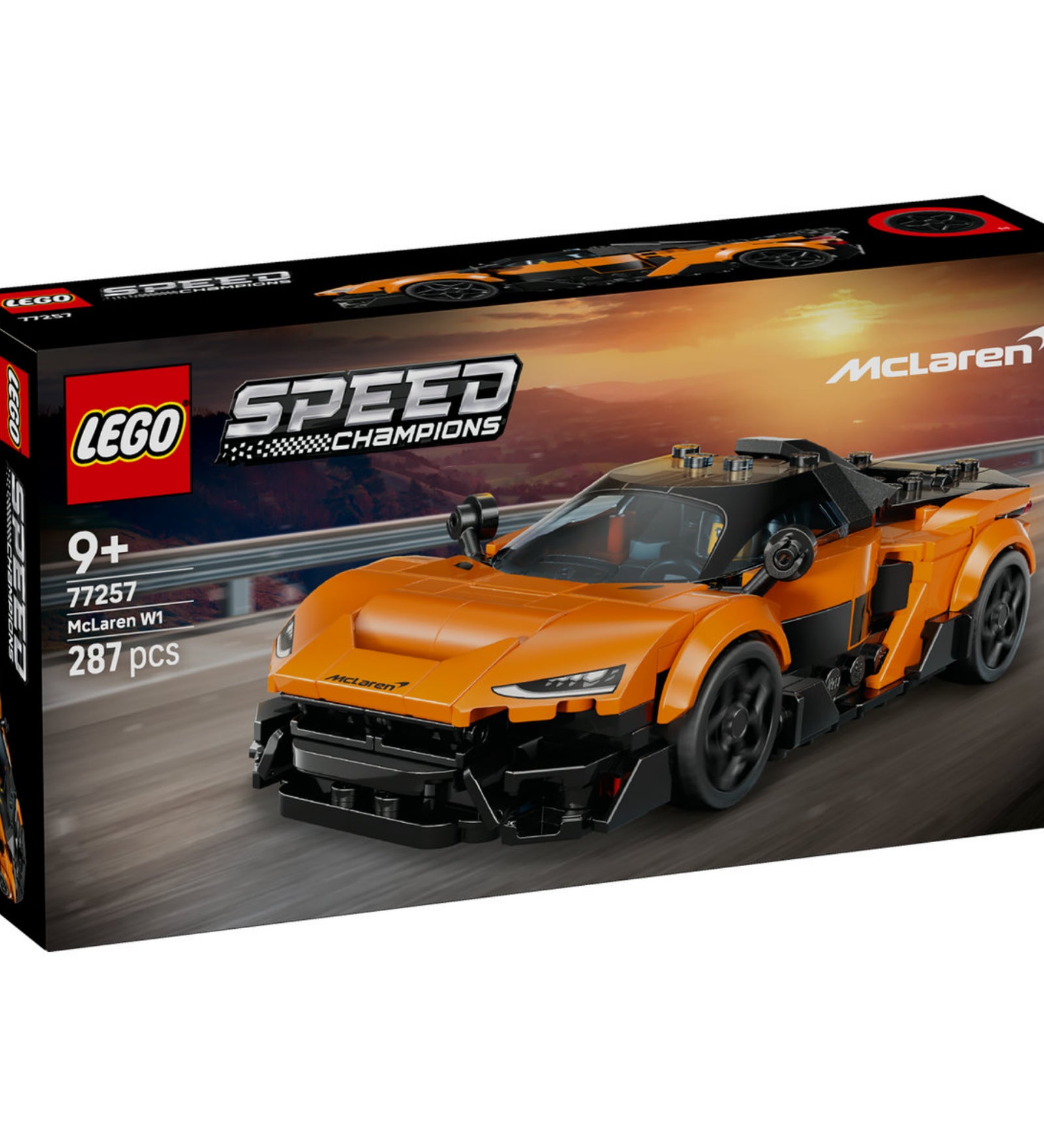 LEGO Speed Champions McLaren W1 (77257) dobozkép, narancssárga McLaren sportautóval.