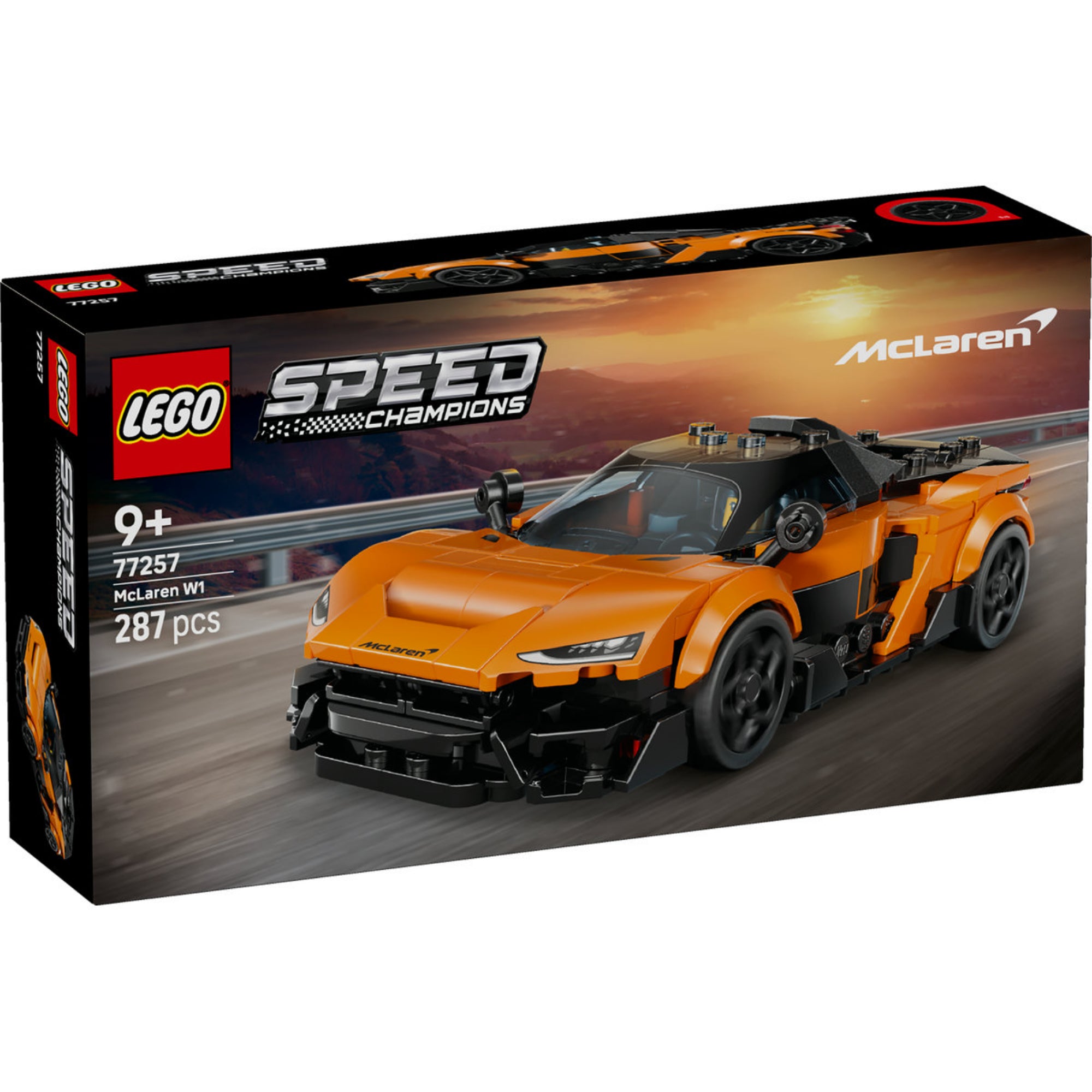 LEGO Speed Champions McLaren W1 (77257) dobozkép, narancssárga McLaren sportautóval.