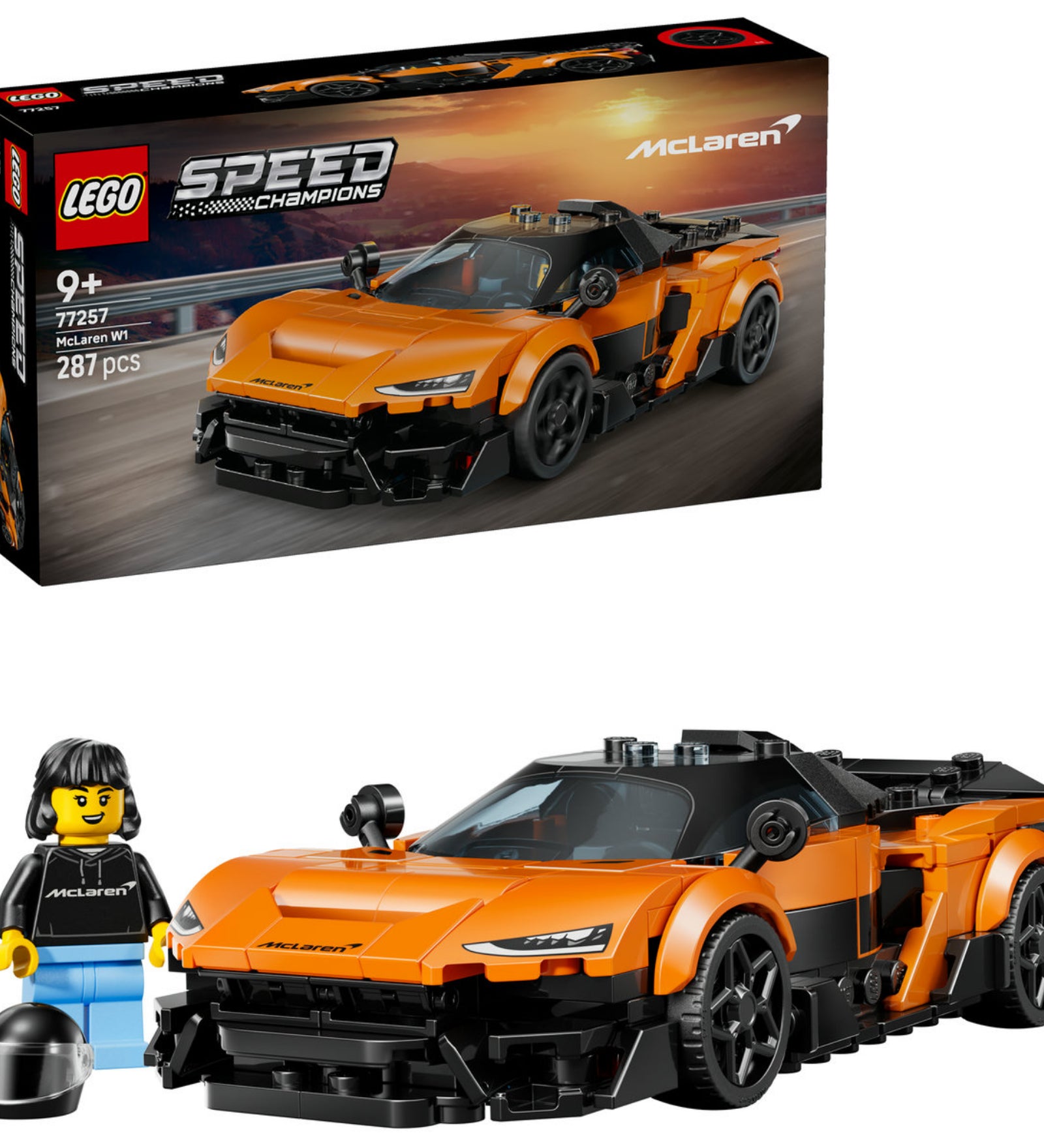 LEGO Speed Champions McLaren W1 megépített autó minifigurával és bukósisakkal.