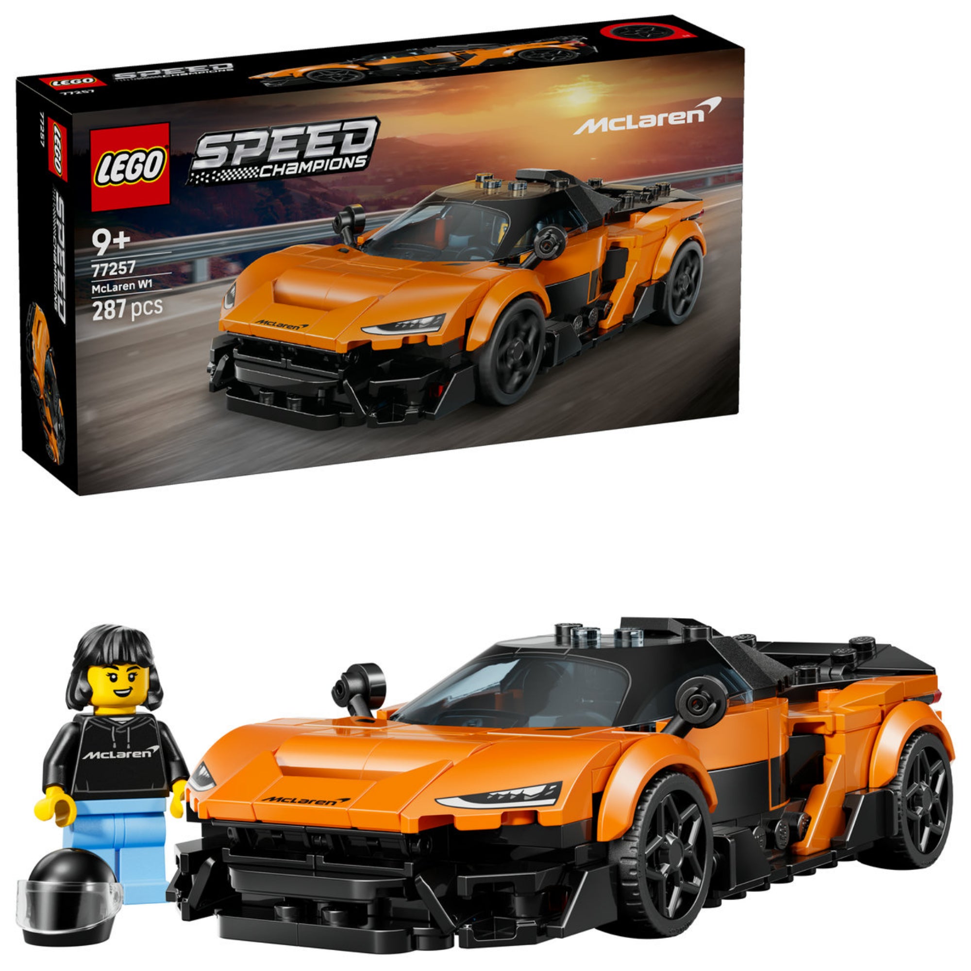 LEGO Speed Champions McLaren W1 megépített autó minifigurával és bukósisakkal.