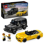 LEGO Speed Champions 76924 készlet doboza és a megépített fekete Mercedes-AMG G 63 SUV és sárga AMG SL 63 kabrió, két minifigurával pózolva az autók mellett.