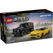 A LEGO Speed Champions 76924 készlet elülső doboznézete, rajta a Mercedes-AMG G 63 fekete terepjáróval és az AMG SL 63 sárga sportautóval, tengerparti háttérrel
