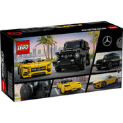 A LEGO Speed Champions 76924 készlet hátoldala, részletes fotókkal a fekete G 63 és a sárga SL 63 LEGO modellekről, valamint a valós autókról inspirációként.