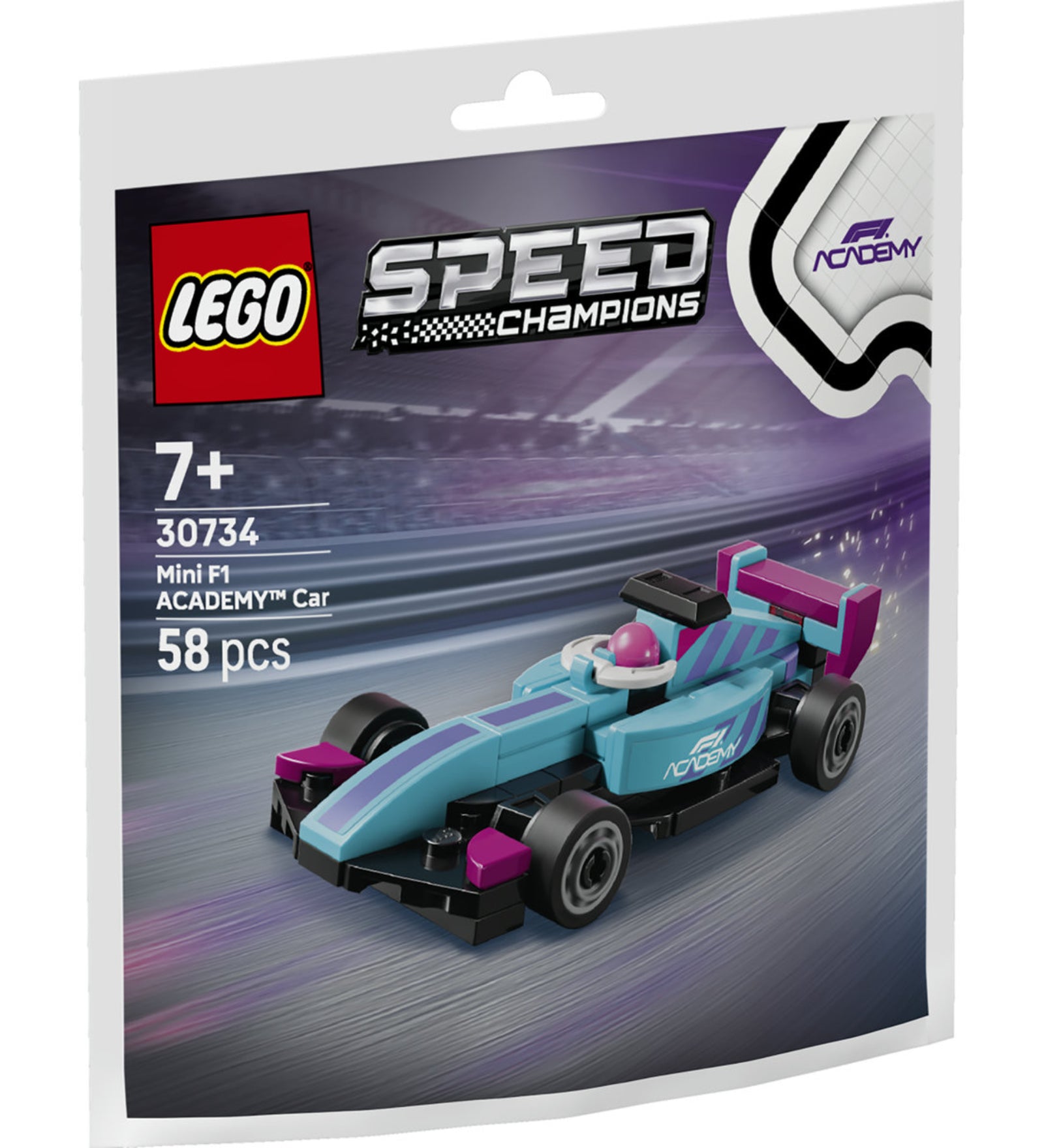 LEGO Speed Champions Mini F1 ACADEMY Car 30734 polybag csomagolás a mini F1 Academy versenyautó LEGO modellel.