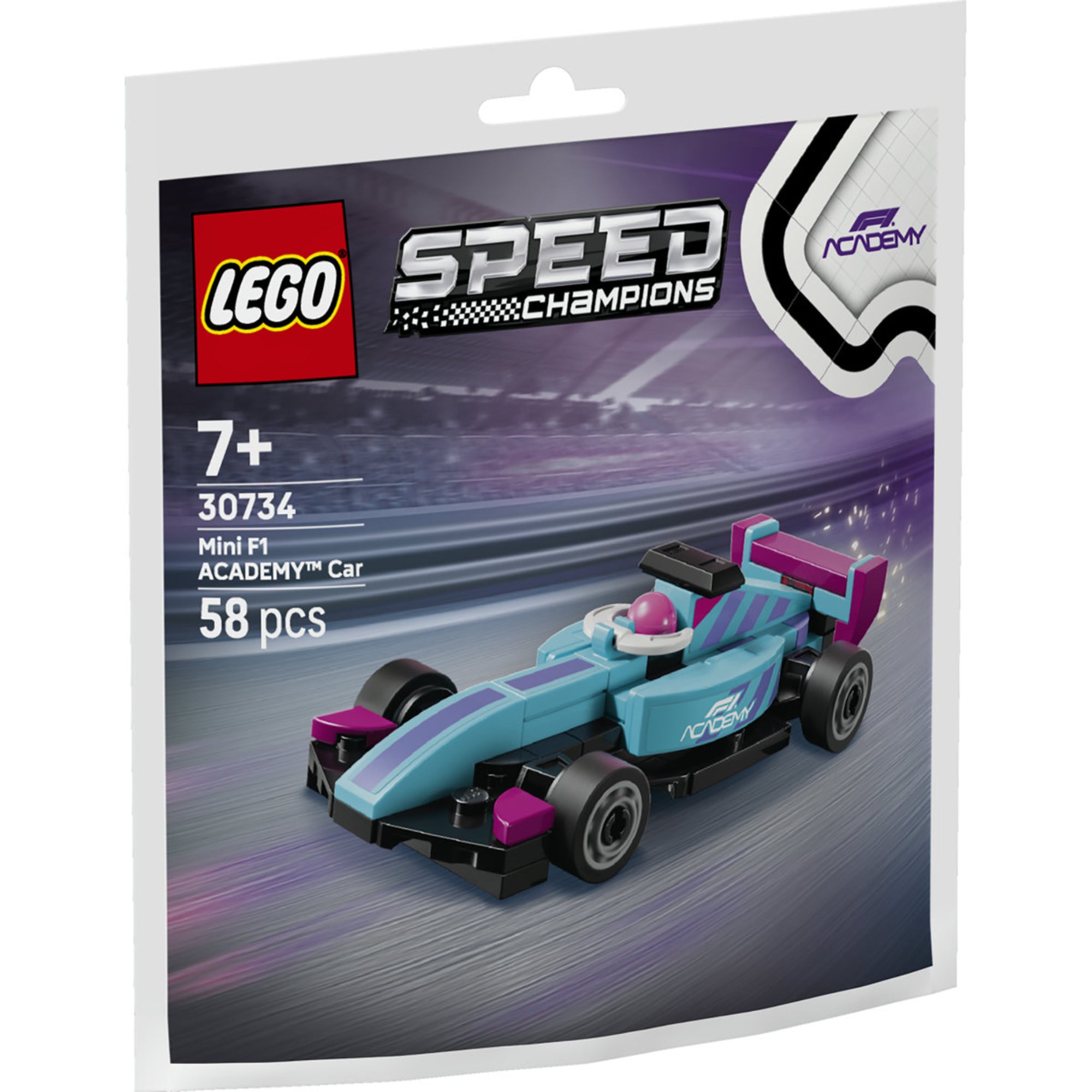 LEGO Speed Champions Mini F1 ACADEMY Car 30734 polybag csomagolás a mini F1 Academy versenyautó LEGO modellel.