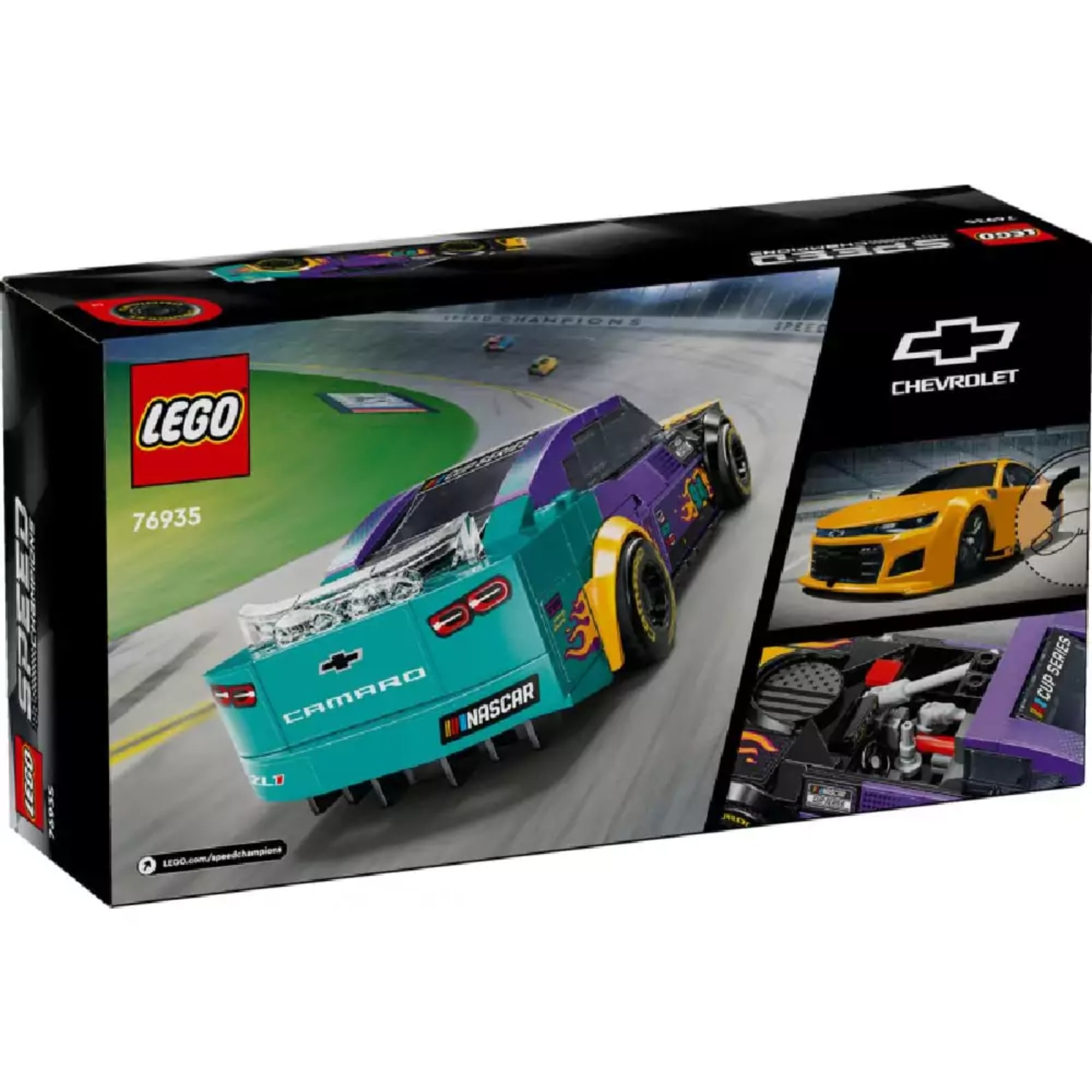LEGO Speed Champions NASCAR Chevrolet Camaro ZL1 doboz hátoldala, ahol a modell hátsó nézete, valamint a valódi autó fényképe és a részletes motortér is látható illusztrációként.