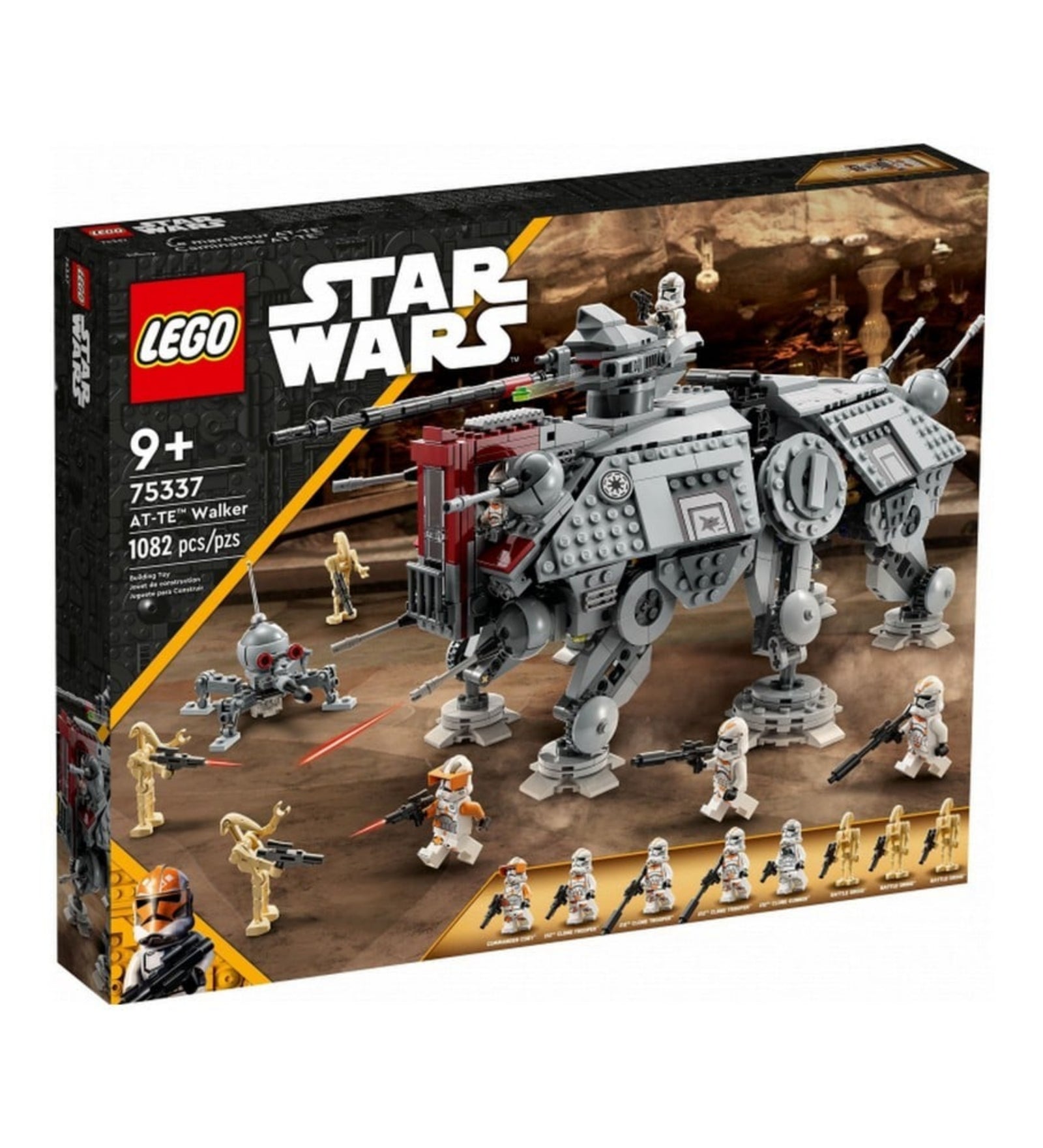 A LEGO Star Wars AT-TE lépegető (75337) készlet doboza elölnézetből, a borítón a lépegető harci jelenetben szerepel klónkatonákkal és harci droidokkal, 1082 darabbal.