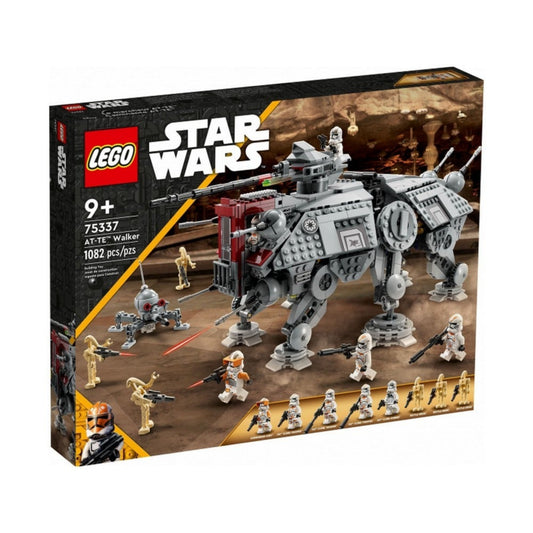 A LEGO Star Wars AT-TE lépegető (75337) készlet doboza elölnézetből, a borítón a lépegető harci jelenetben szerepel klónkatonákkal és harci droidokkal, 1082 darabbal.