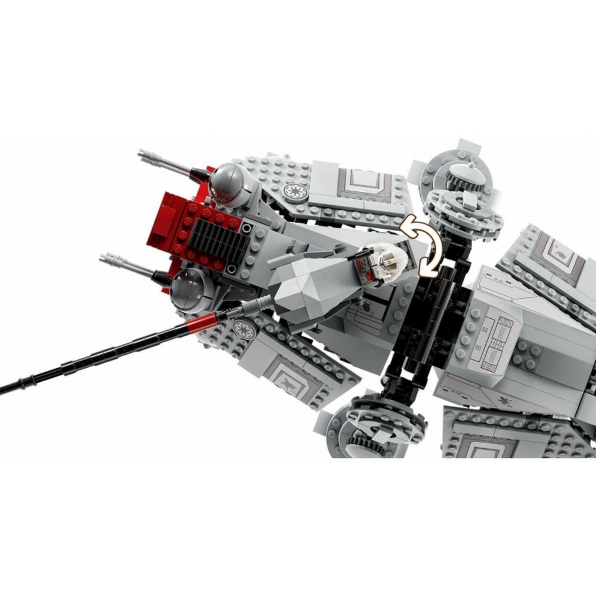 Részletfotó a LEGO Star Wars AT-TE lépegető (75337) készlet mozgatható toronyszerű ágyújáról és minifigura-pilótájáról, nyíllal jelzett elforgatható funkcióval.