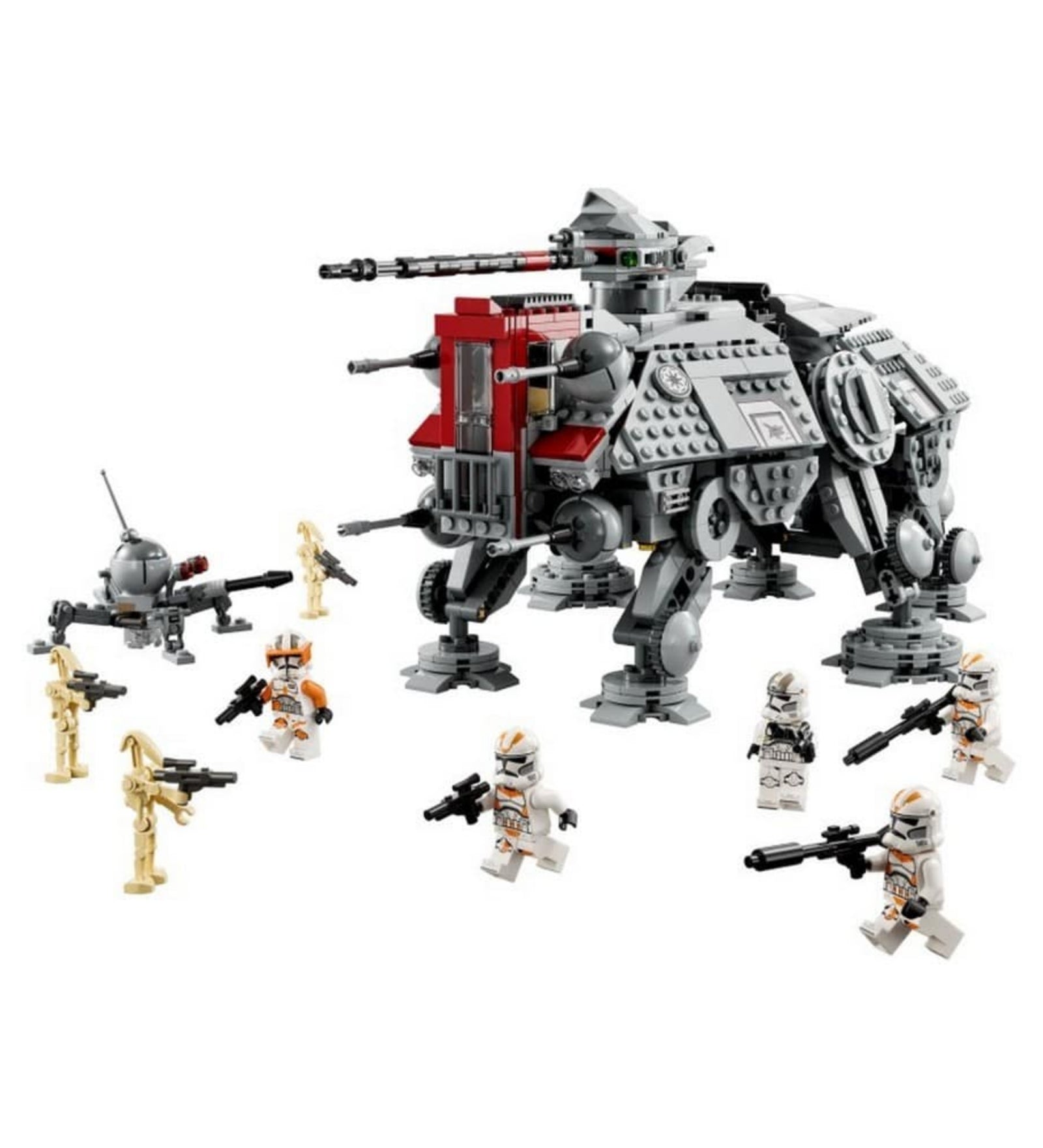 A LEGO Star Wars AT-TE lépegető (75337) teljes készlete: szürke hatlábú jármű, 8 minifigura (köztük Cody parancsnok és klónkatonák), valamint droid egységek csatajelenetben.