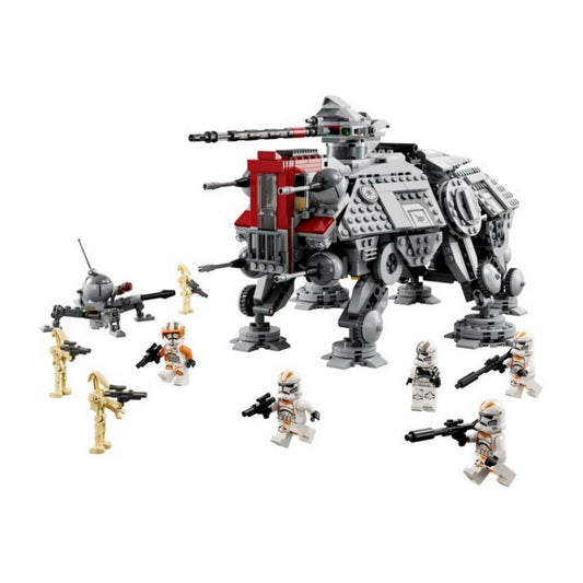 A LEGO Star Wars AT-TE lépegető (75337) teljes készlete: szürke hatlábú jármű, 8 minifigura (köztük Cody parancsnok és klónkatonák), valamint droid egységek csatajelenetben.