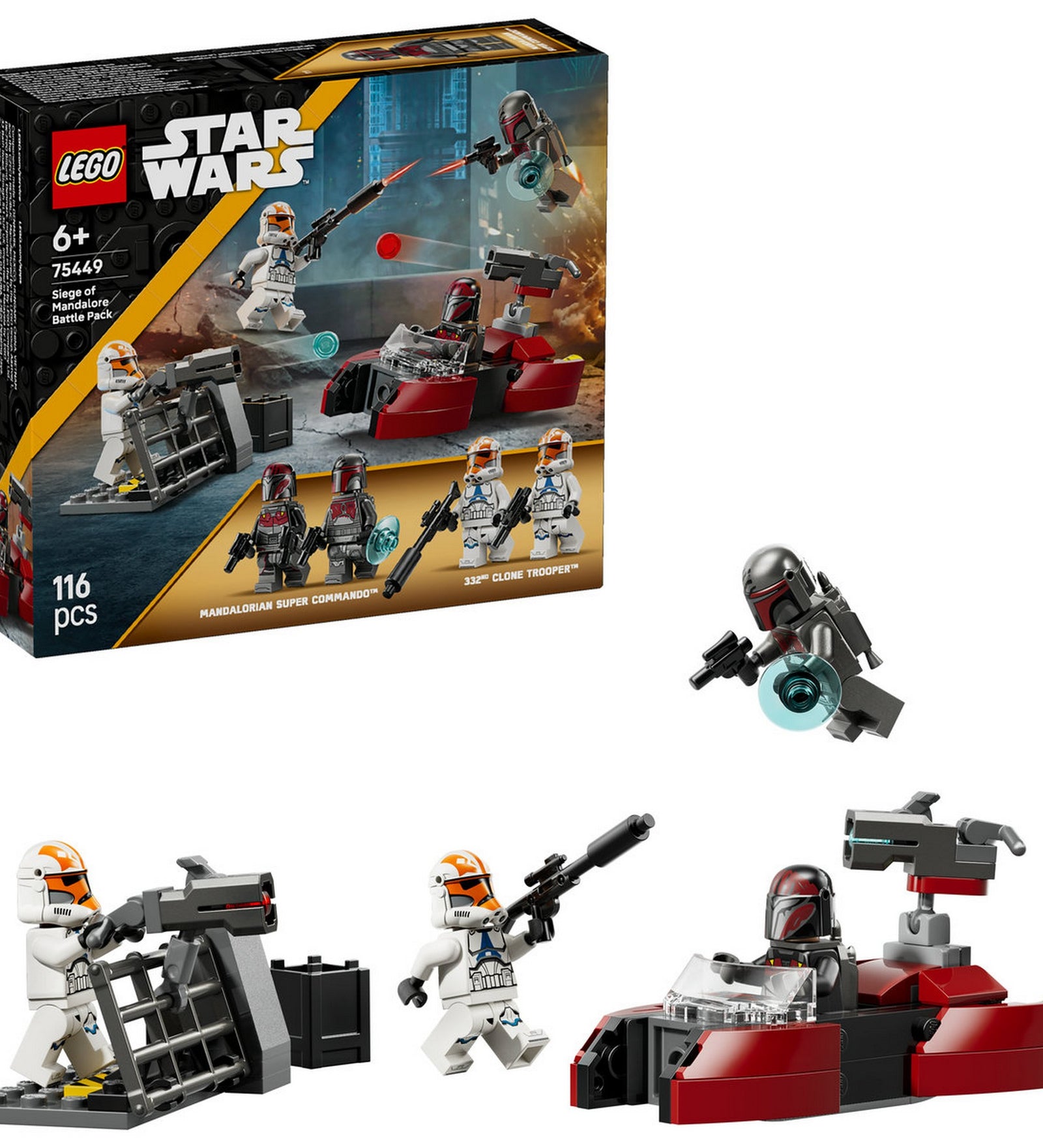 LEGO Star Wars Siege of Mandalore Battle Pack (75449) – A megépített LEGO elemek és minifigurák a doboz előtt.