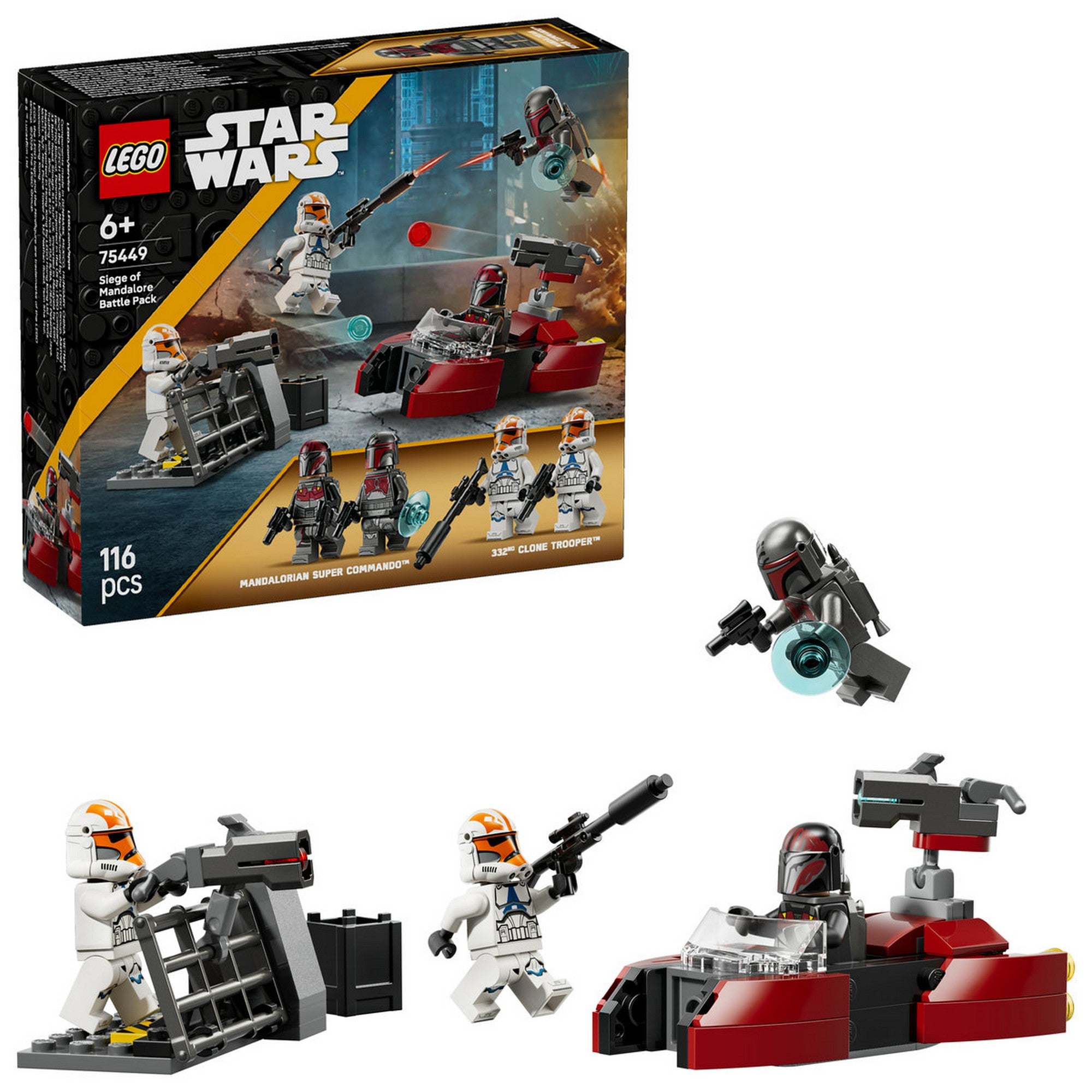 LEGO Star Wars Siege of Mandalore Battle Pack (75449) – A megépített LEGO elemek és minifigurák a doboz előtt.