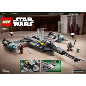 A LEGO Star Wars A Mandalóri N-1 vadászgépe (75325) dobozának hátoldala, különböző játéklehetőségeket és részletgazdag funkciókat bemutató képekkel.