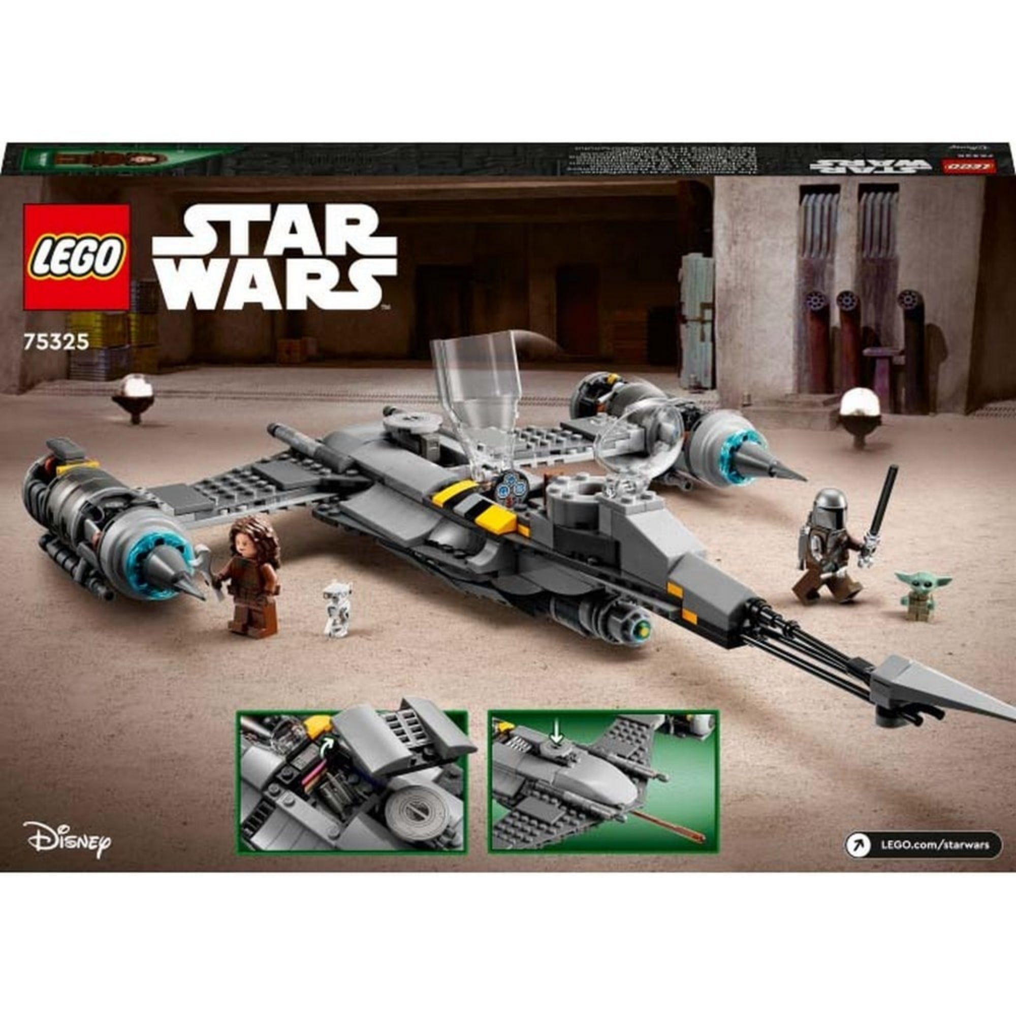 A LEGO Star Wars A Mandalóri N-1 vadászgépe (75325) dobozának hátoldala, különböző játéklehetőségeket és részletgazdag funkciókat bemutató képekkel.