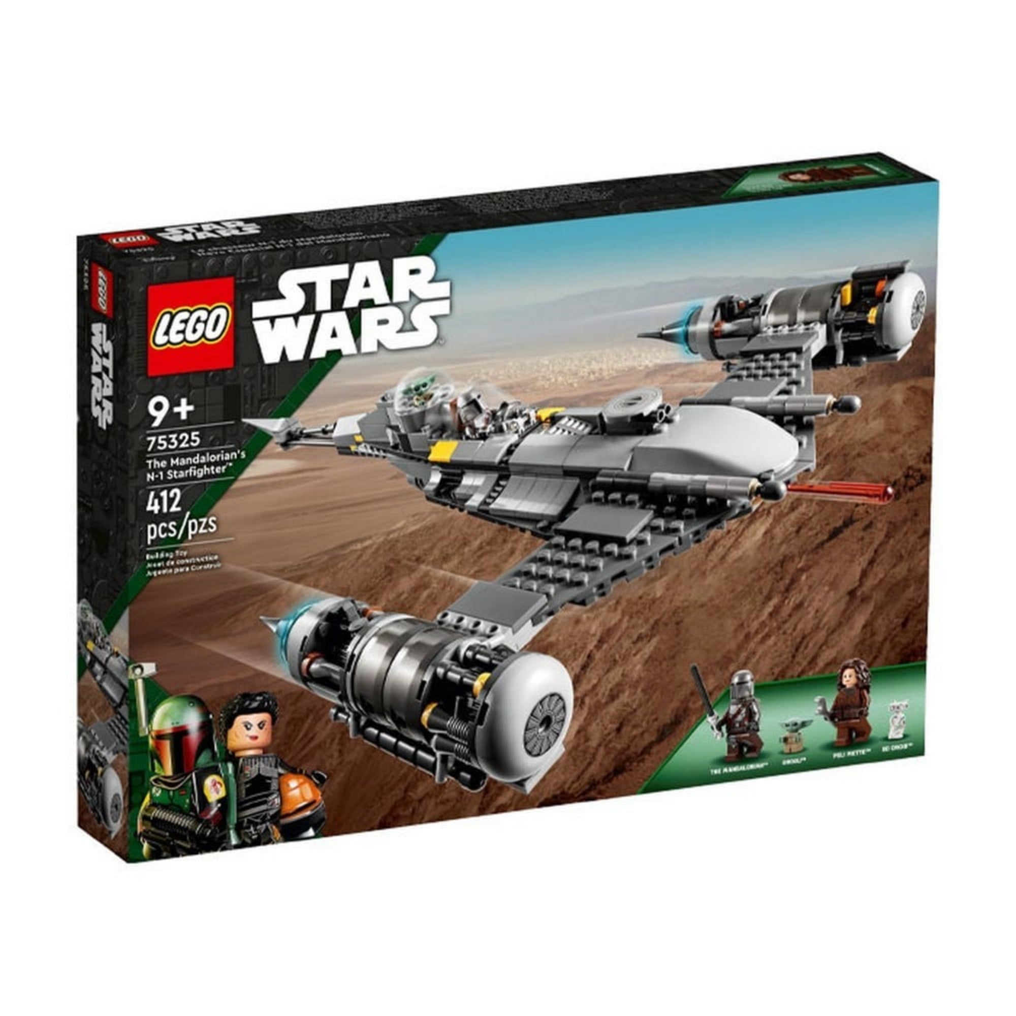 A LEGO Star Wars A Mandalóri N-1 vadászgépe (75325) színes doboza, amelyen a készlet űrhajója repülés közben látható, a jobb alsó sarokban a minifigurák felsorolásával.