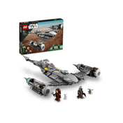 A LEGO Star Wars A Mandalóri N-1 vadászgépe (75325) doboza és az előtte kiállított, összeépített űrhajó, körülötte a négy mellékelt figura.