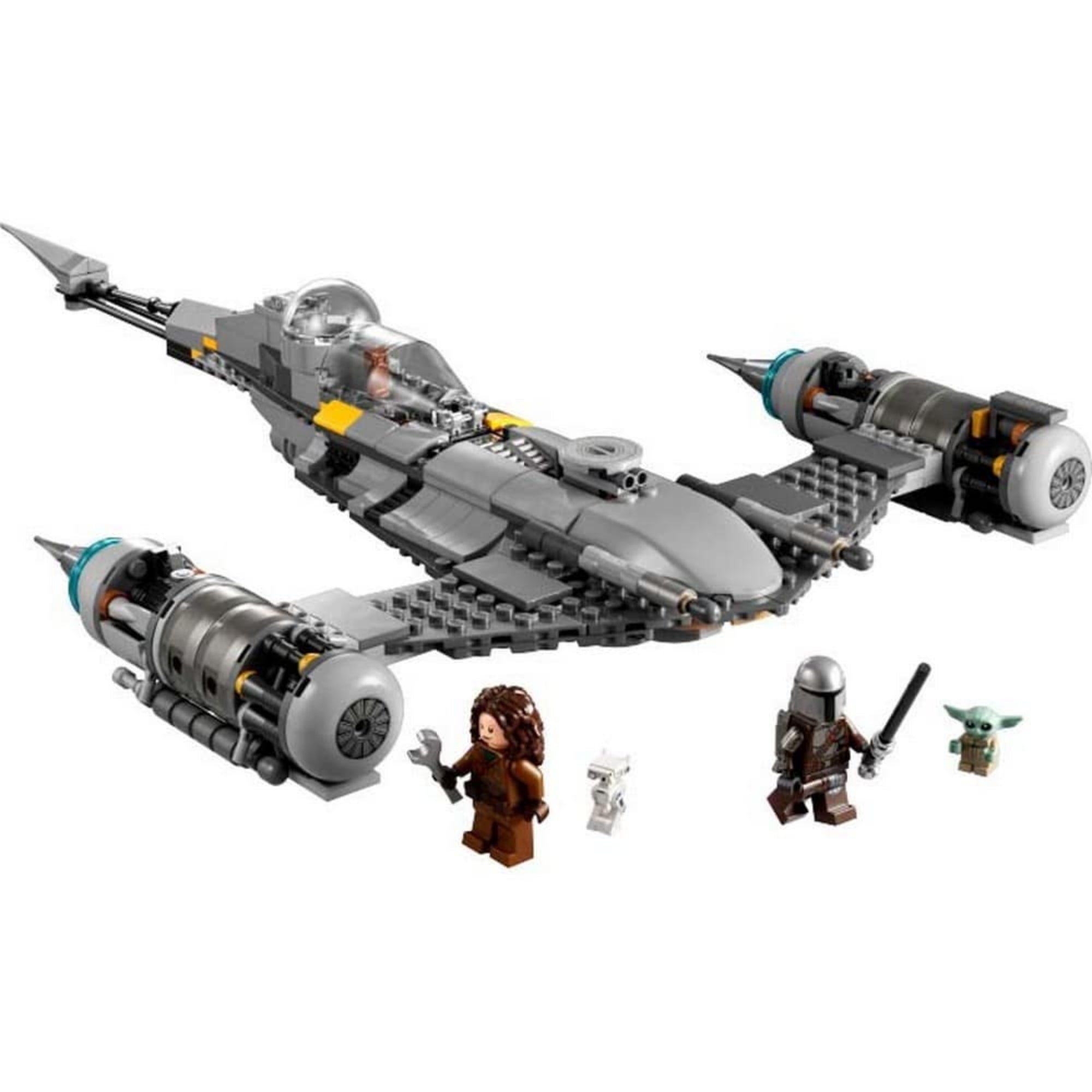 A LEGO Star Wars A Mandalóri N-1 vadászgépe (75325) teljesen összeépített űrhajója Groguval, a Mandalórival, Peli Motto-val és egy BD-droid minifigurával.