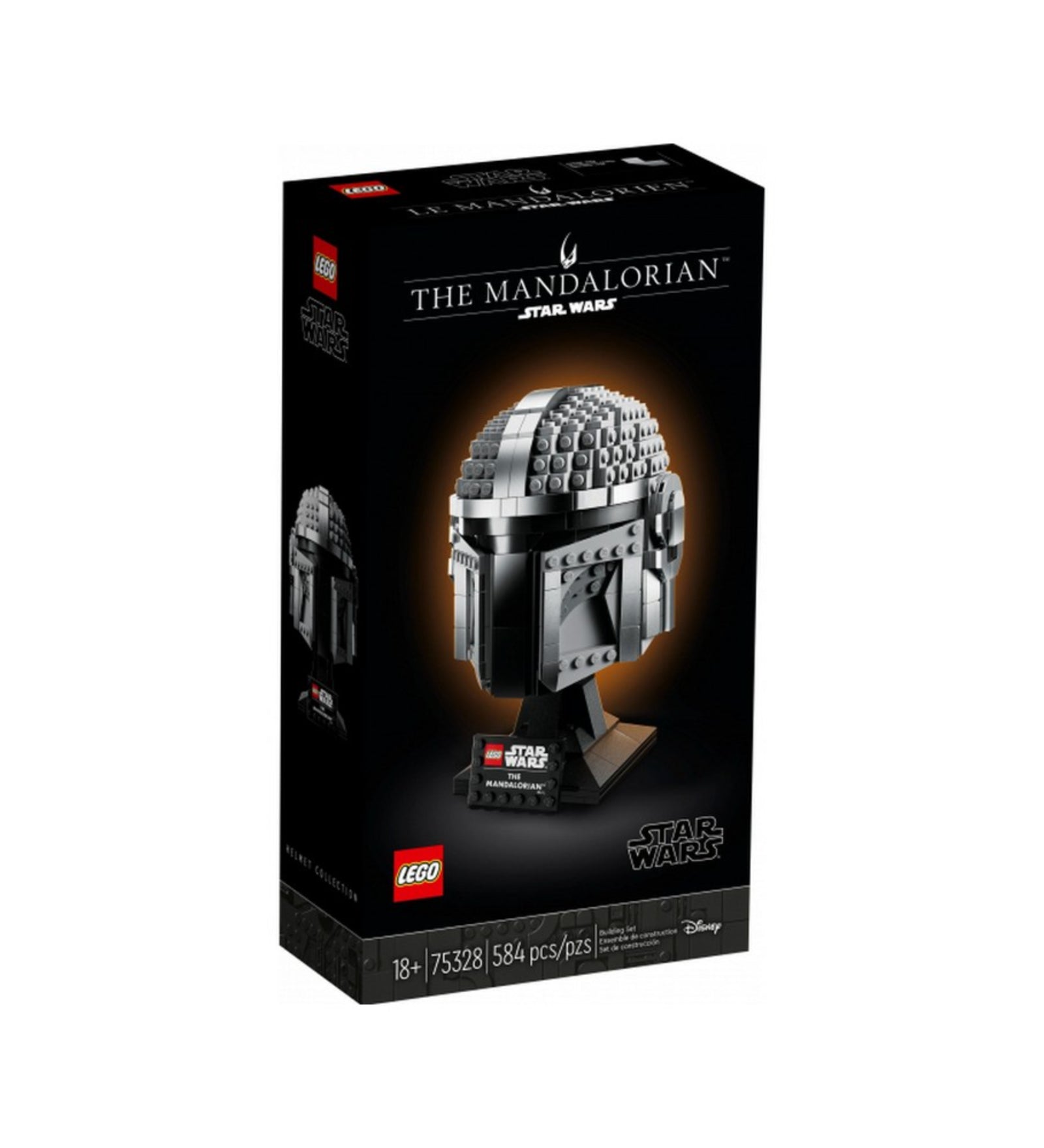 LEGO Star Wars A Mandalóri sisak (75328) termék doboza, rajta a készlet képe narancssárga fényudvarral és a 18+ korosztály megjelöléssel.