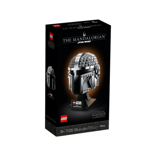 LEGO Star Wars A Mandalóri sisak (75328) termék doboza, rajta a készlet képe narancssárga fényudvarral és a 18+ korosztály megjelöléssel.